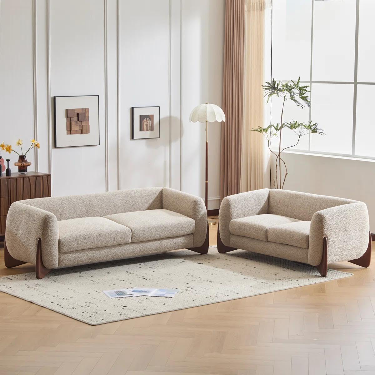 SHINE WOOD ART Boucle Upholstered 5-Seater Sofa and Loveseat Almond