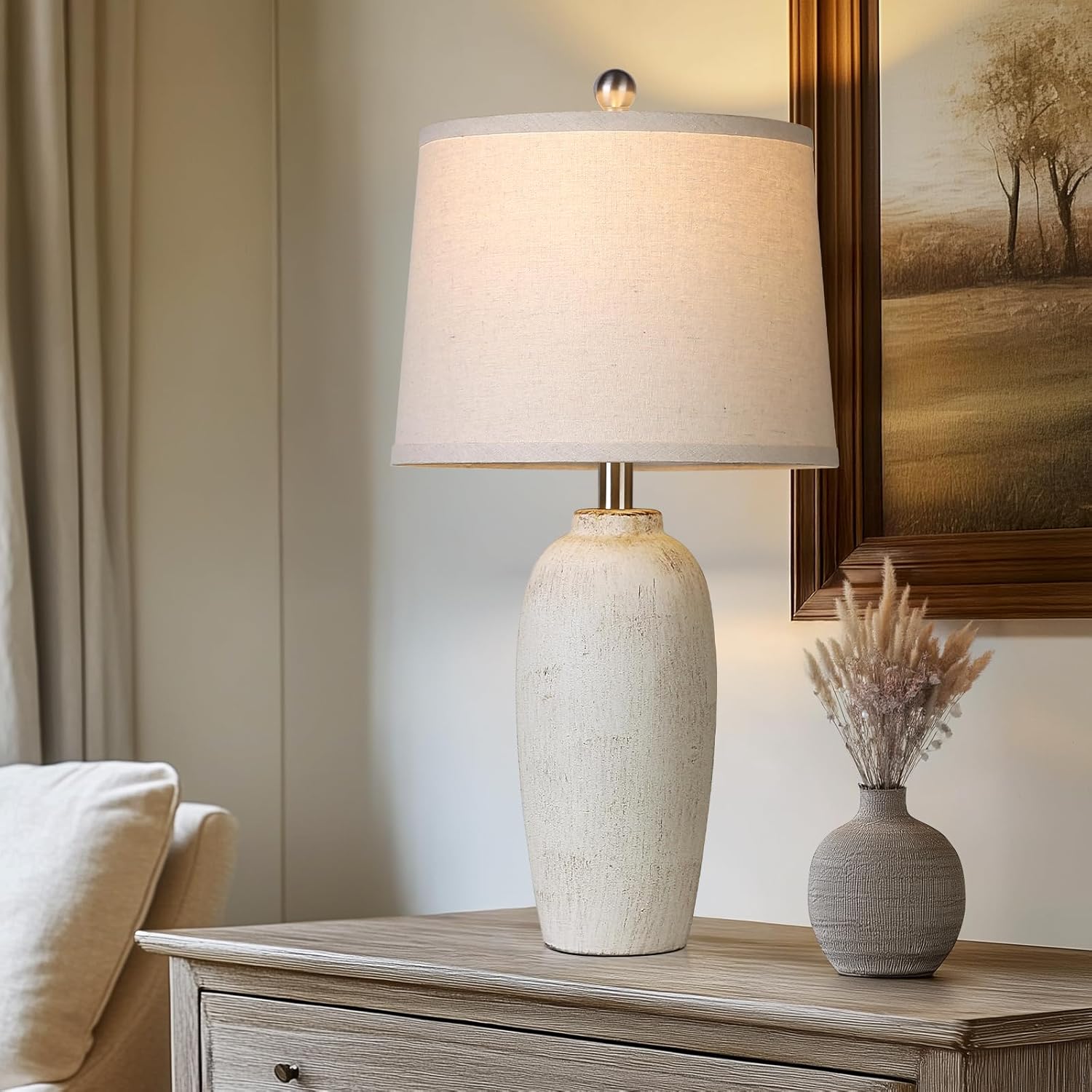 Jar Table Lamps Set of 2, 25" Ceramic Bedside Lamps for Bedroom, Beige Farmhouse Nightstand Lamps for Living Room