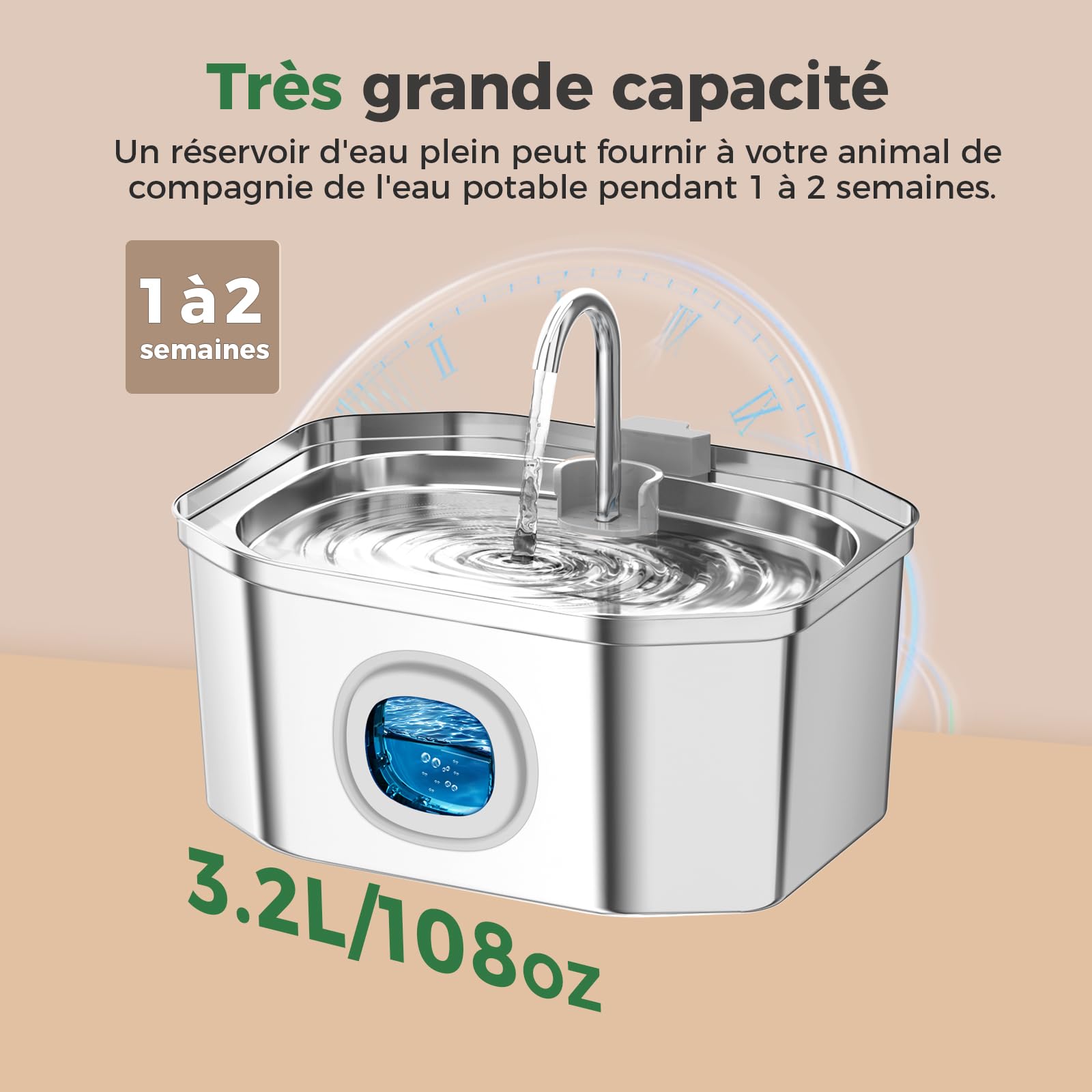 Fontaine a Eau Chat INOX, Apauk 3.2L Fontaine à Eau Chat,Fontaine Chats silencieuse,LED fenêtre, sont faciles à Nettoyer, Fontaine a Eau Petit Chien (Lot de 2 éponges et filtres)