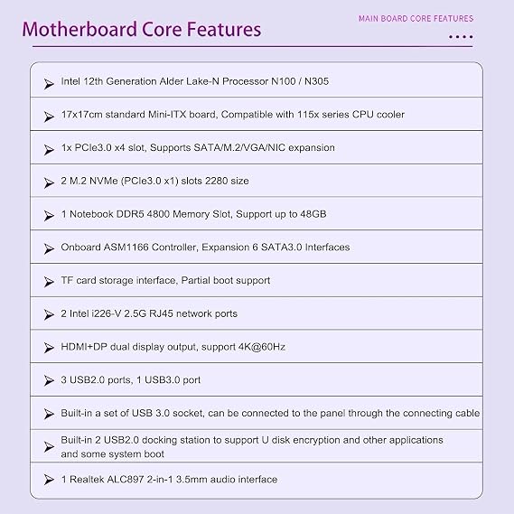 N100/N150 NAS Motherboard Mini-ITX, 4-Core Low Power Processor, 2X 2.5GbE Intel i226-V, 6X SATA 6Gbps, 2X M.2 NVMe 2280, 1x PCIe 3.0 x4, TF Slot, Dual 4K Display, 6X USB (N100+Motherboard)