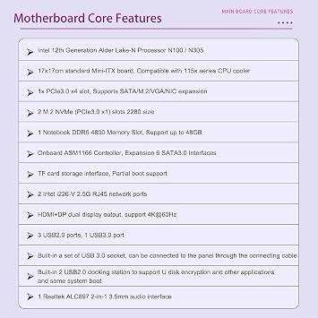 N100/N150 NAS Motherboard Mini-ITX, 4-Core Low Power Processor, 2X 2.5GbE Intel i226-V, 6X SATA 6Gbps, 2X M.2 NVMe 2280, 1x PCIe 3.0 x4, TF Slot, Dual 4K Display, 6X USB (N100+Motherboard)