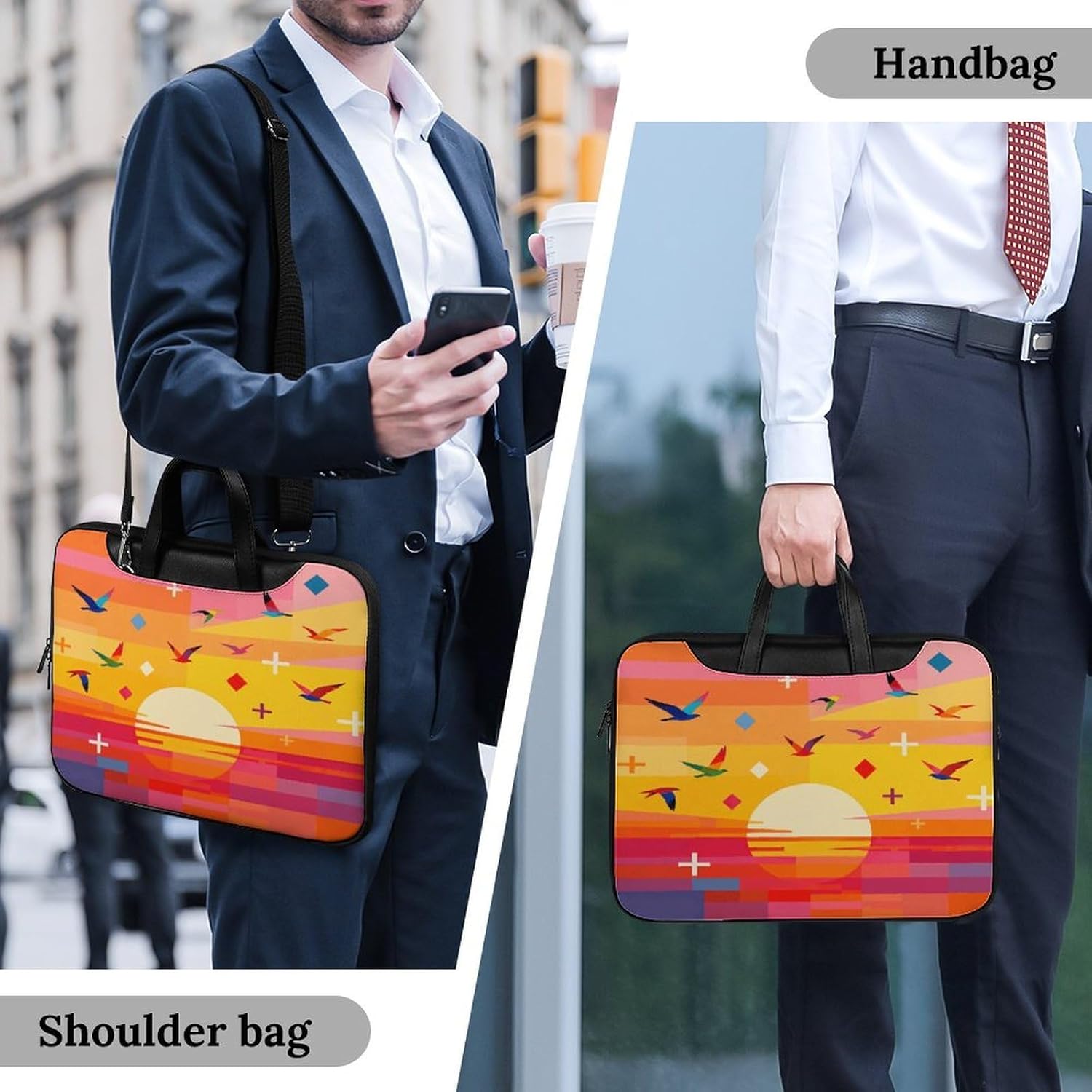 Here Comes The Sun Colorblock Sunset 37x28cm Black-style Laptop Bag Leather Tablet Computer Briefcase Large Capacity Work Business Tote Bags for Office