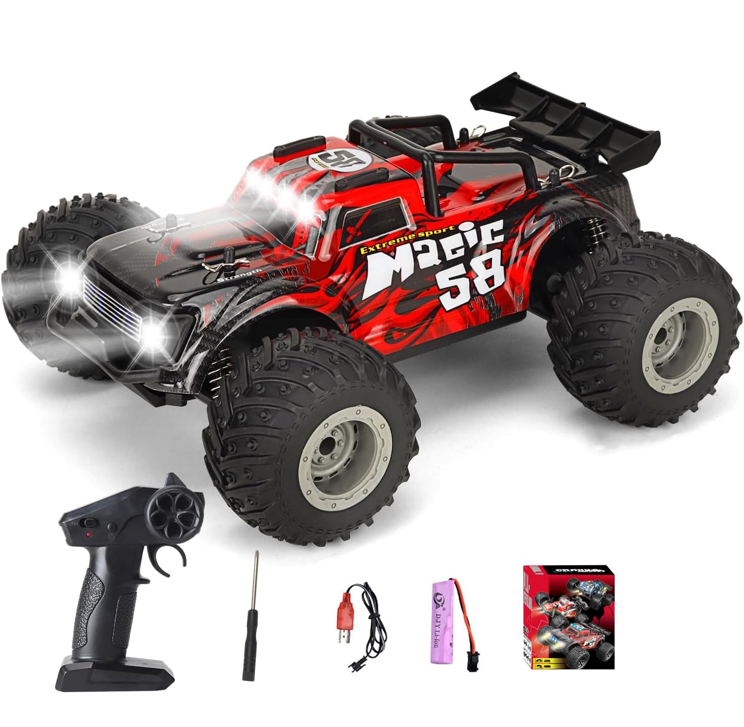AccLoo Remote Control Car for Kids RC Car 1:18 Scale 2.4GHz Electric Off-Road with 3.7V USB Battery, LED Lights, 20-35 Min Playtime, 40-60m Range, Toy Car with Screwdriver & Manual, 18km/h Speed