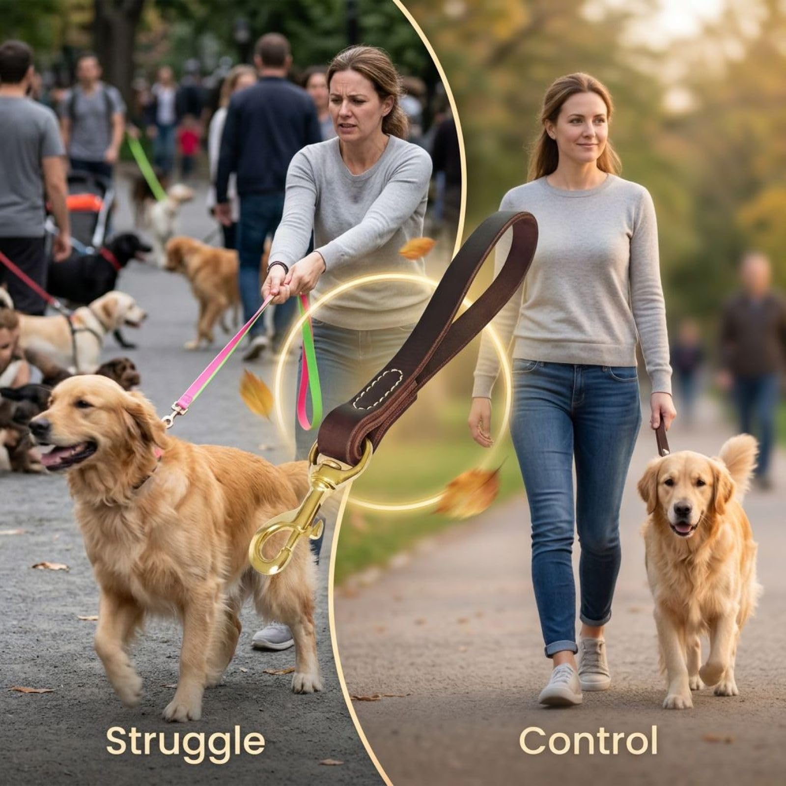 Guinzaglio per cani in pelle grana di alta qualità, 30 cm, largo 2 cm, cuciture rinforzate, manico marrone scuro, gancio in lega di zinco, per cani di grandi dimensioni per passeggiare e addestramento