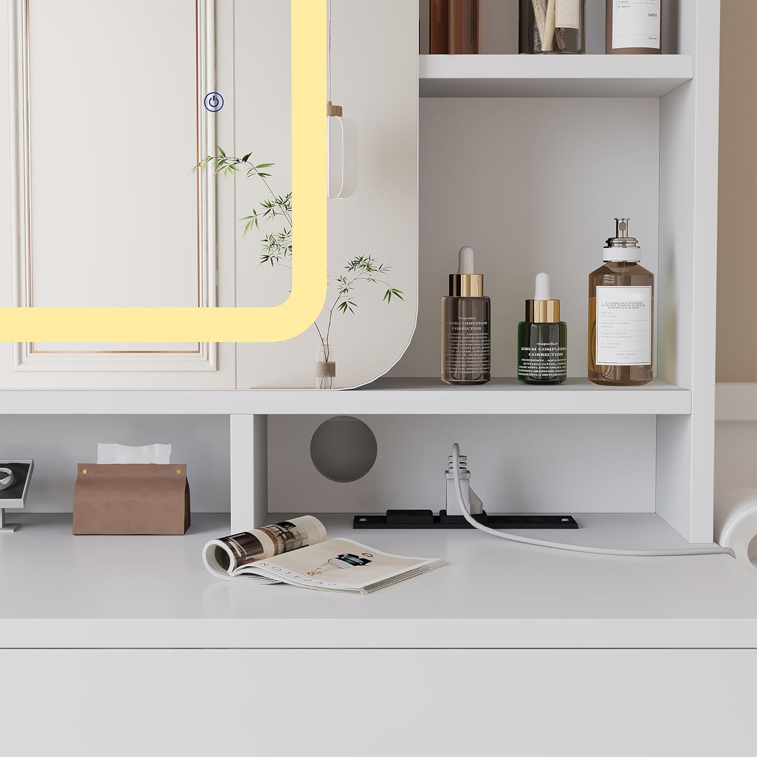 GarveeHome Vanity Desk with Sliding Mirror, Makeup Desk and Stool with Lights in 3 Colors, Girls Vanity Table with Charging Station, 2 Drawers & Storage Shelves for Bedroom, White