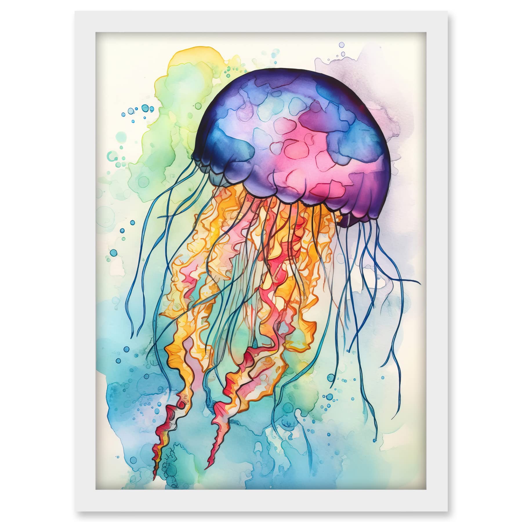 Artery8 Jellyfish Swimming Folk Art Watercolour Painting Artwork Framed A3 Wall Art Print