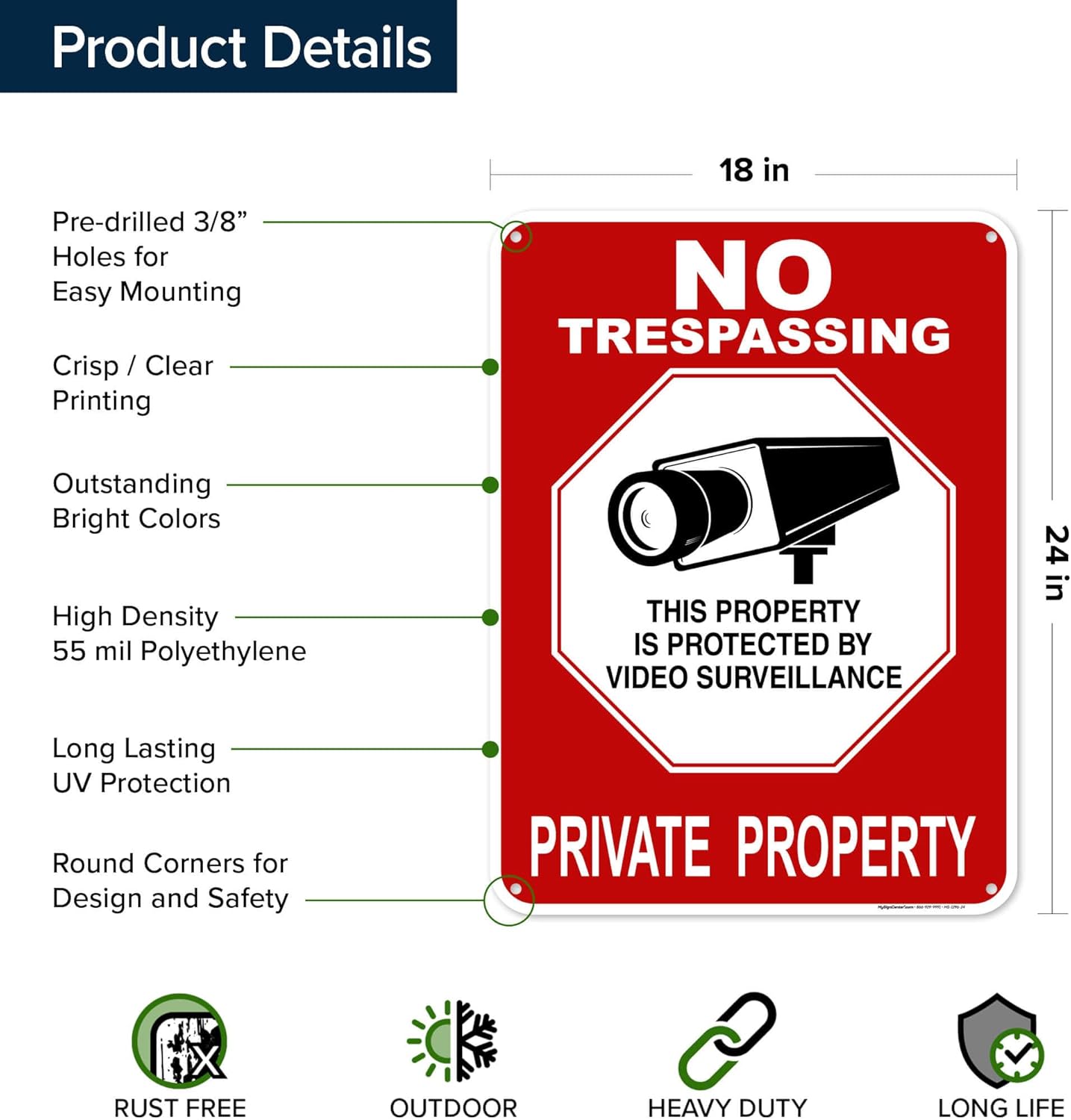 No Trespassing This Property Is Protected By Video Surveillance Private Property Sign, 18"x24" Polyethylene, Indoor/Outdoor Use, USA MADE By My Sign Center