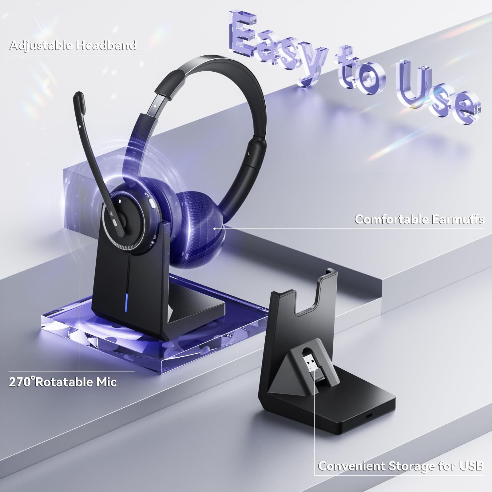 Cuffie wireless con microfono per lavoro, cuffie Bluetooth con cancellazione del rumore e base di ricarica, cuffie wireless con microfono per lavoratori remoti/call center/PC/laptop/computer/casa
