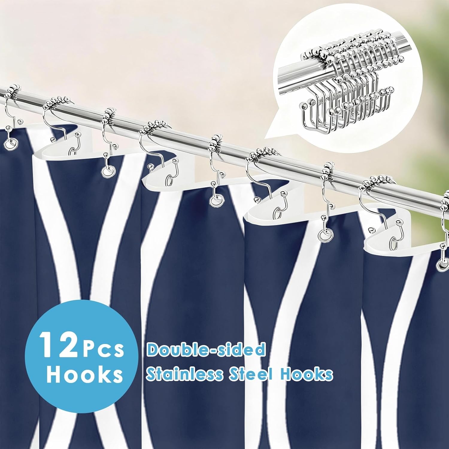 Shower Curtain and Liner Set, Navy Blue White Striped Geometric Modern Shower Curtain and Liner with Double-Sided Stainless Steel Hooks, 3-in-1 Waterproof Fabric for Bathroom, 72x72 Inch
