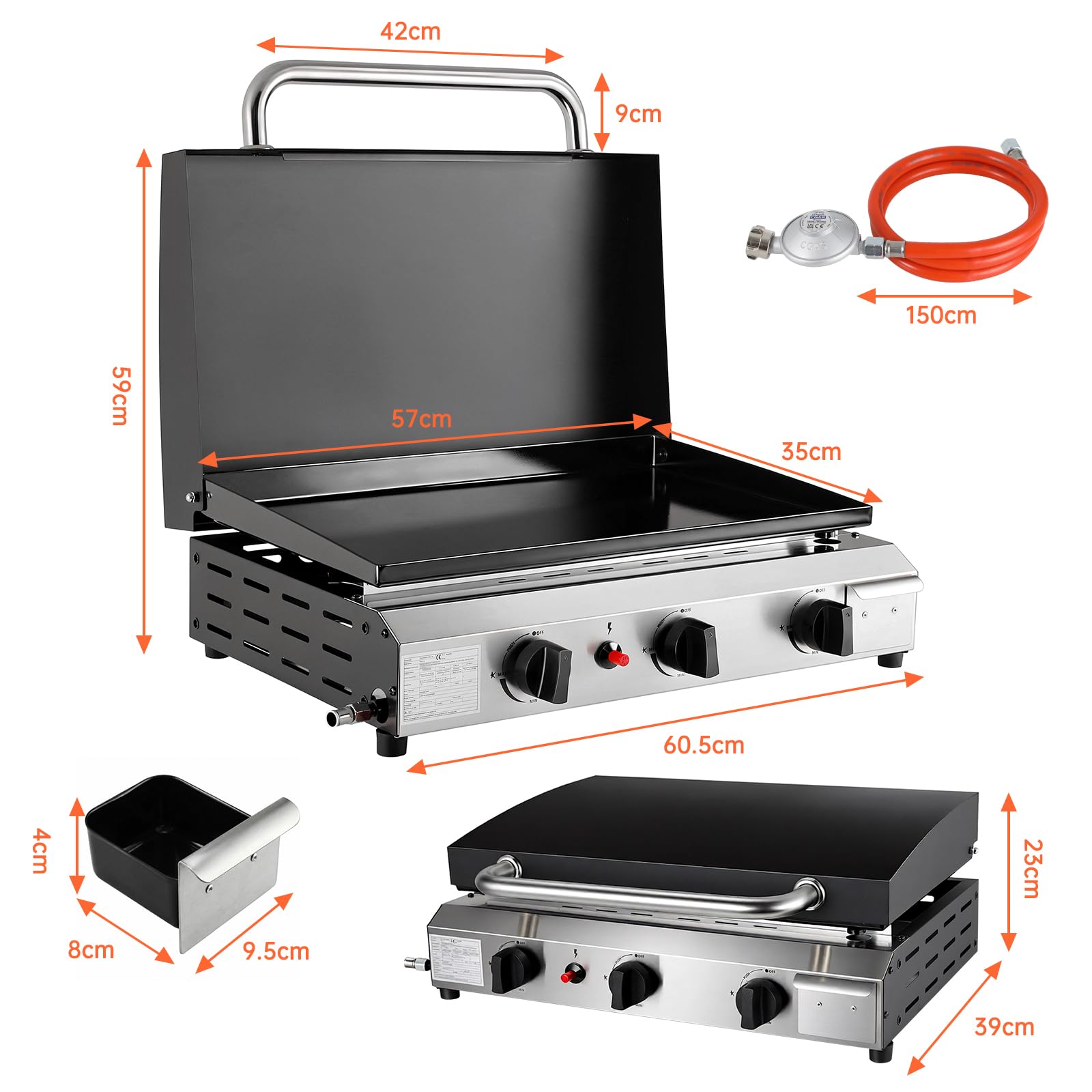 LIFERUN Tragbarer Tischgrill mit 3 Edelstahl-Brenner,Kompakter Gasgrill mit Deckel 7.2KW,Campinggrill mit Keramische Lackbeschichtung Grillplatte(58×35cm),Balkongrill für Terrasse,Garten,Picknick BBQ