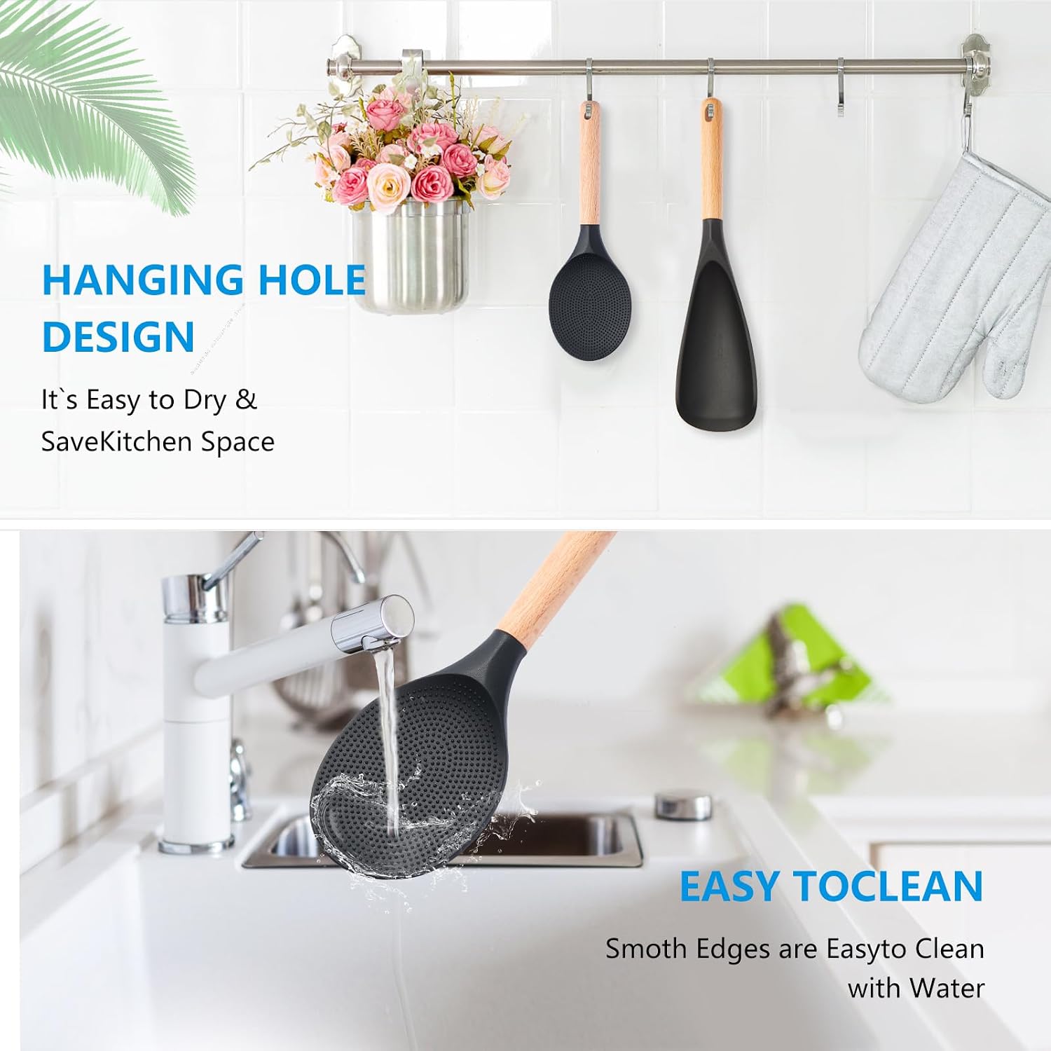 2 Pcs Wooden Handle Silicone Cooking Spoon Set for Nonstick Cookware Cooking, Baking, Stirring ，BPA-Free Heat-Resistant Spatula for Mixing, Flipping, Scraping (2 Pcs Black)