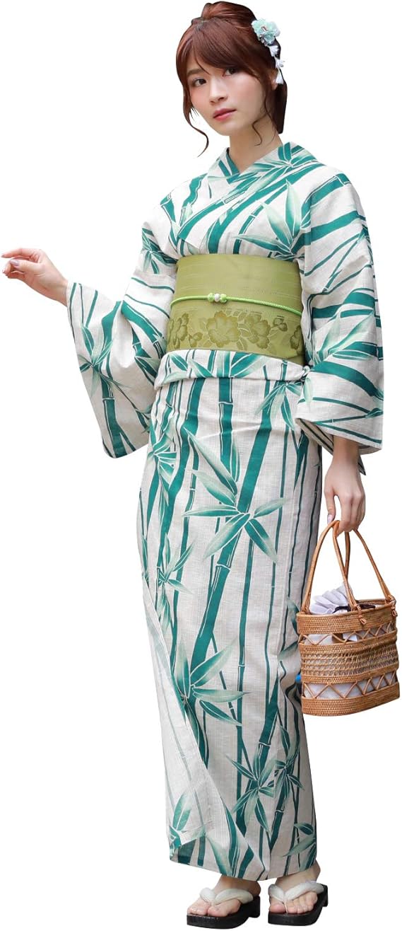 Amazon 浴衣 レディース セット 生成り地に緑の竹 高級変わり織り綿麻浴衣3点セット 浴衣 帯 下駄 浴衣 通販