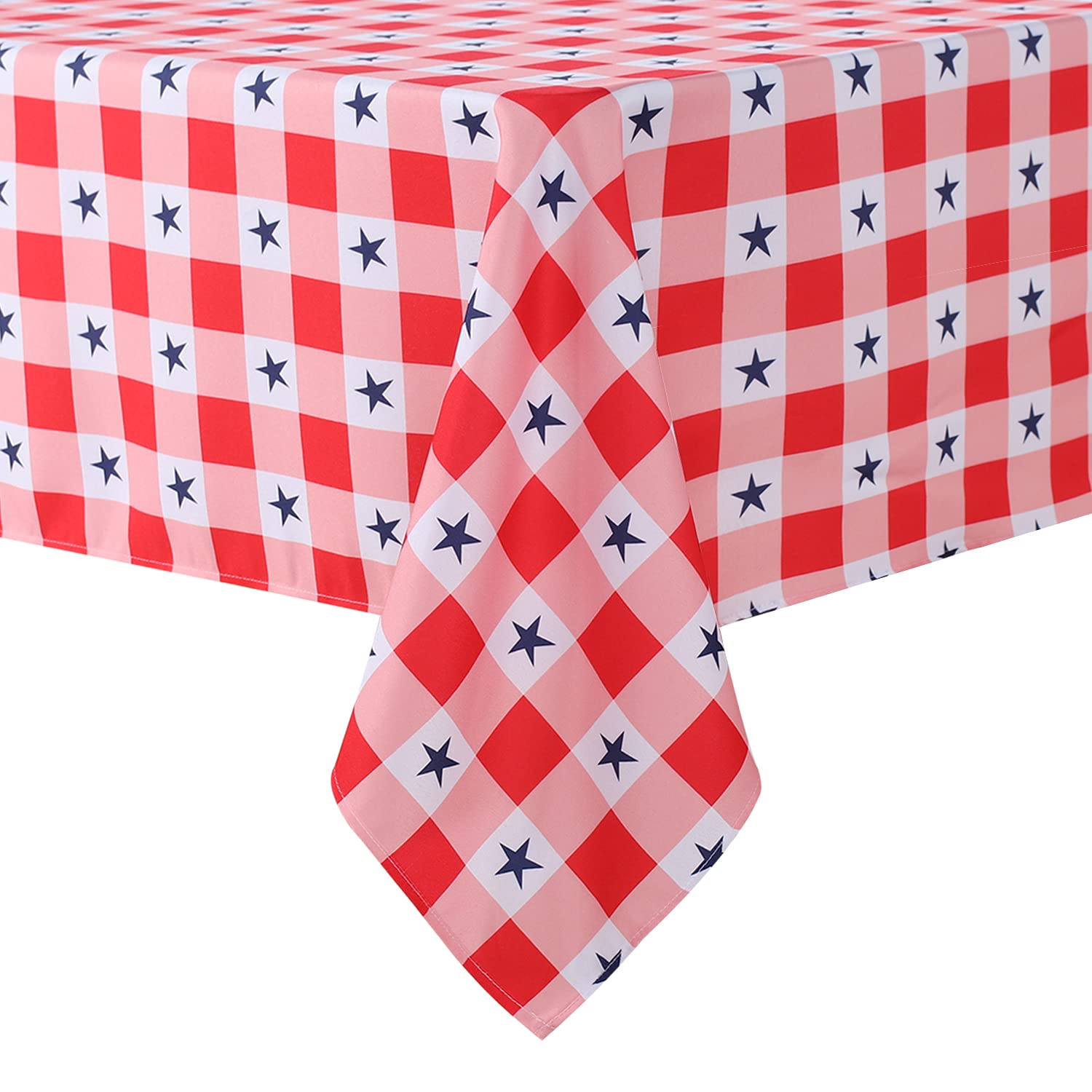 LUSHVIDA American Checkered Rectangle Table Cloth, Polyester Stars Patriotic Plaid Tablecloth, Table Cover Protector for July 4th Independence Day Party Supply Decor, 60 x 102 Inch