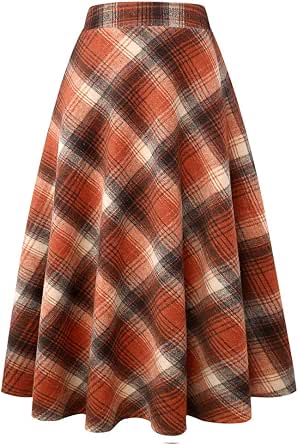 IDEALSANXUN Women's Plaid Wool Skirt - High Waist A-Line Pleated Tartan Long Skirt