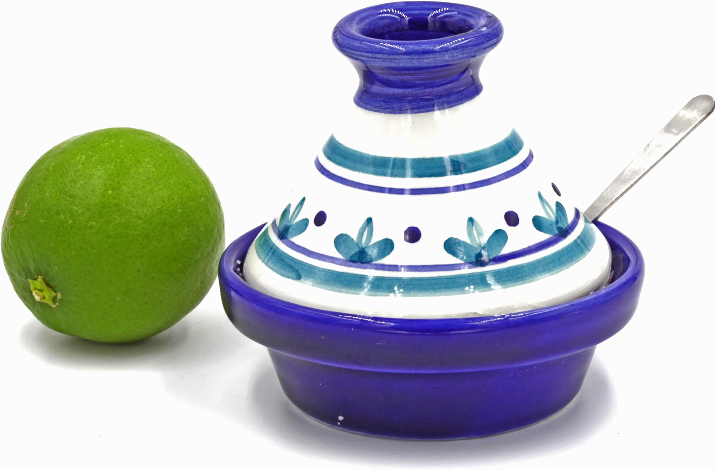 Le Souk Ceramique Mini Tagine Condiment Dish"Salt Bowl" with Serving Spoon. Handmade and Painted in Tunisia