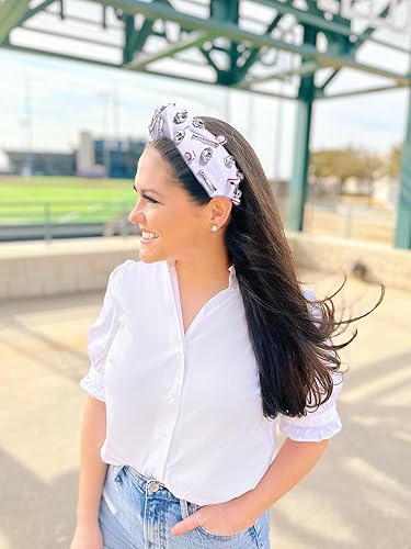 Miniatura 20 de Diadema anudada de béisbol para mujer, con dije de béisbol de cristal brillante, diadema con nudo superior para el día del juego, accesorios