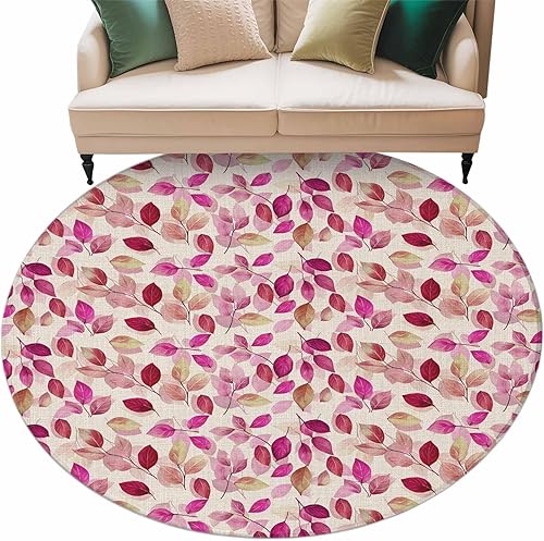 Miniatura 9 de Round Rugs 5ft, Red Pink Leaves Non-Slip Area Rugs for Living Room Bedroom Entryway, Botanical Abstract Color Retro Plants Washable Carpet Runner