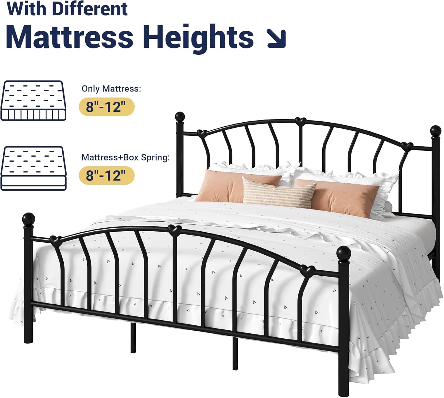 Allewie 14 Inch King Size Metal Platform Bed Frame with Heart-Shaped Headboard and Footboard/Iron-Art Mattress Foundation/Under Bed Storage/No Box Spring Needed/Easy Assembly/Noise-Free/Black