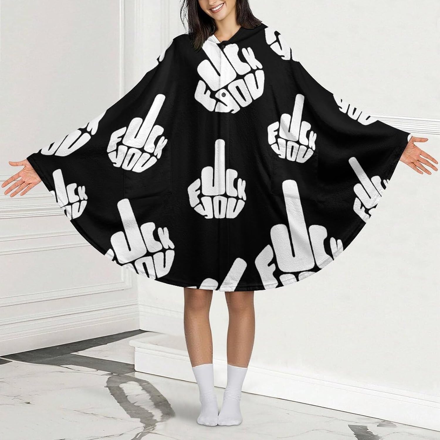 Fck You Wearable Blanket with Hooded Flannel Blankets Cape with Pocket