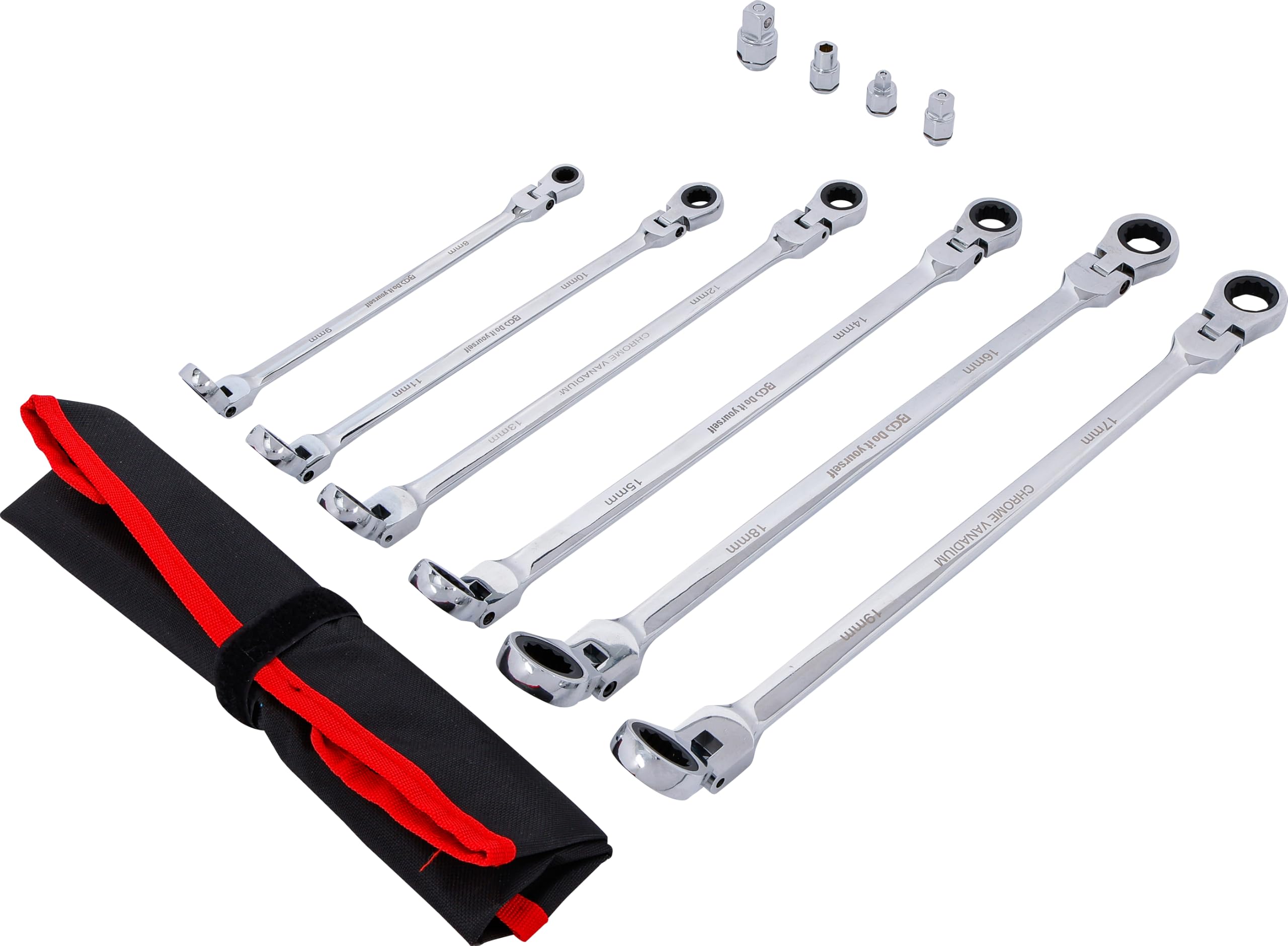 BGS Diy 91541 | Juego de llaves articuladas dobles con carraca | 8 - 19 mm | 10 piezas | Acero al cromo vanadio | 72 dientes | articulación 90° continua | adaptador para llaves de vaso | bolsa enrollable Tetron