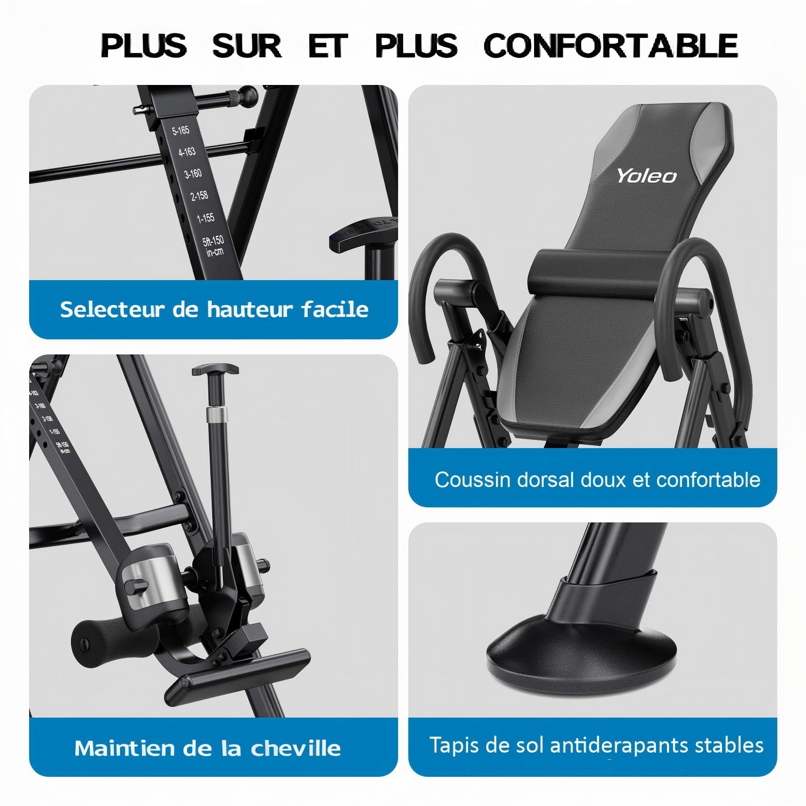 YOLEO Table d'inversion par Gravité, Robust, Angle Réglable par Gravité | Pliable, avec Coussin de Soutien Lombaire Poids de l'utilisateur jusqu'à 300 lbs