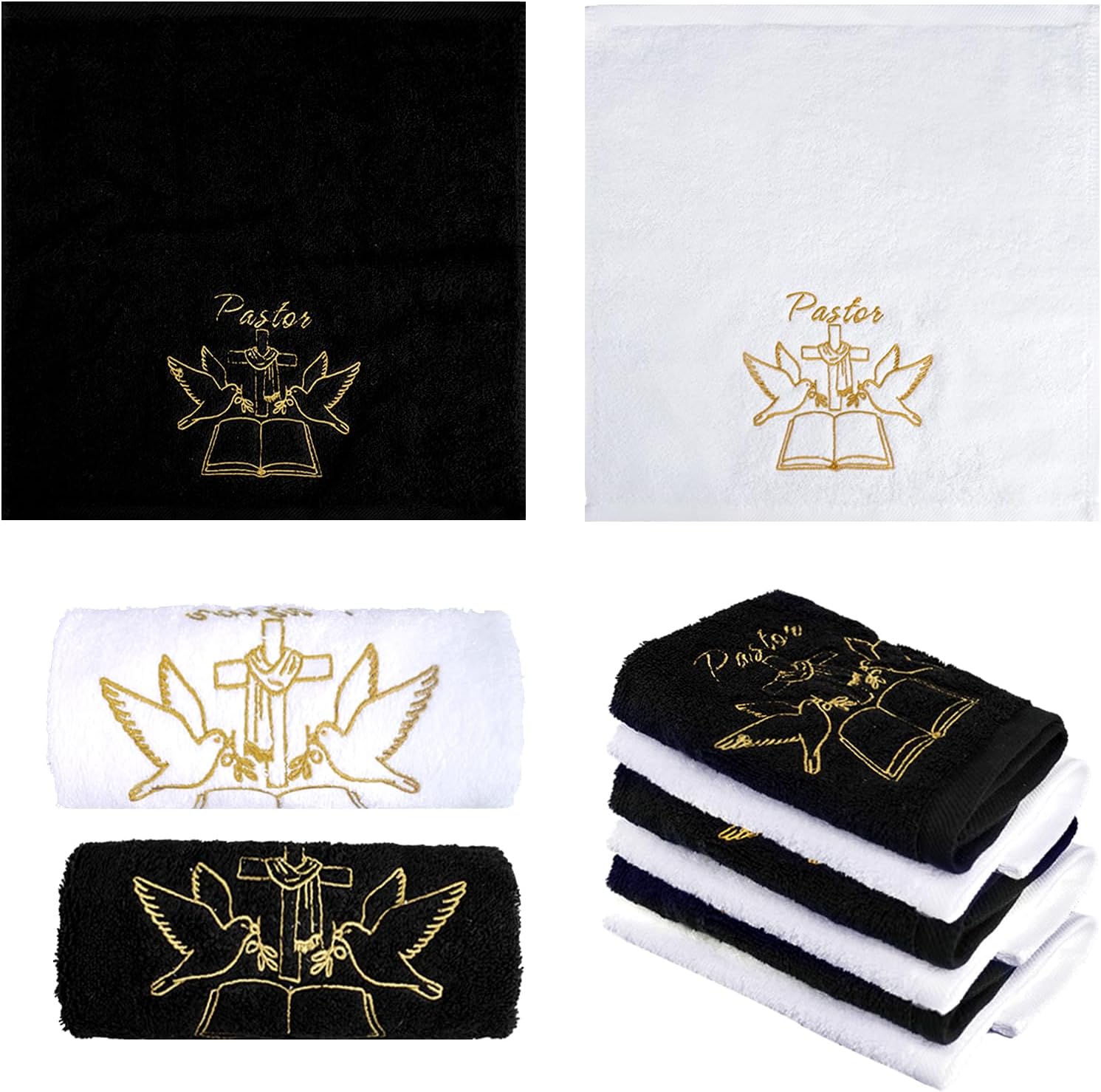 6 Pcs 13.8 Inch Pastor Hand Towels with Cross and Dove Christian Cotton Embroidered Clergy Towels for Retirement Birthday Pastor Father's Gifts (Black White)