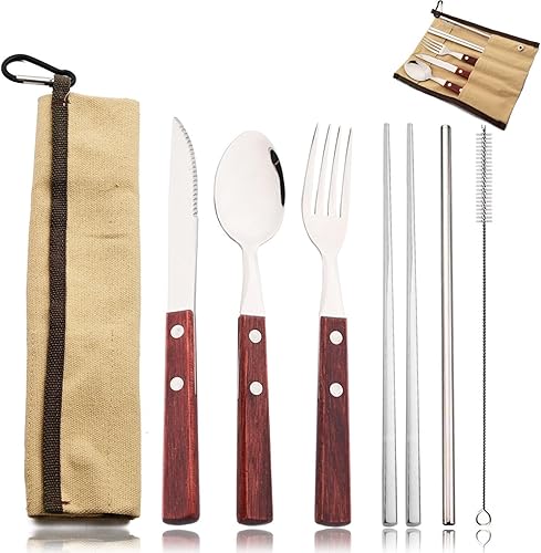 JASHII Juego de cubiertos de acero inoxidable 304 con mango de madera, juego de cubiertos de madera para viaje, cuchillo de campamento, tenedor,