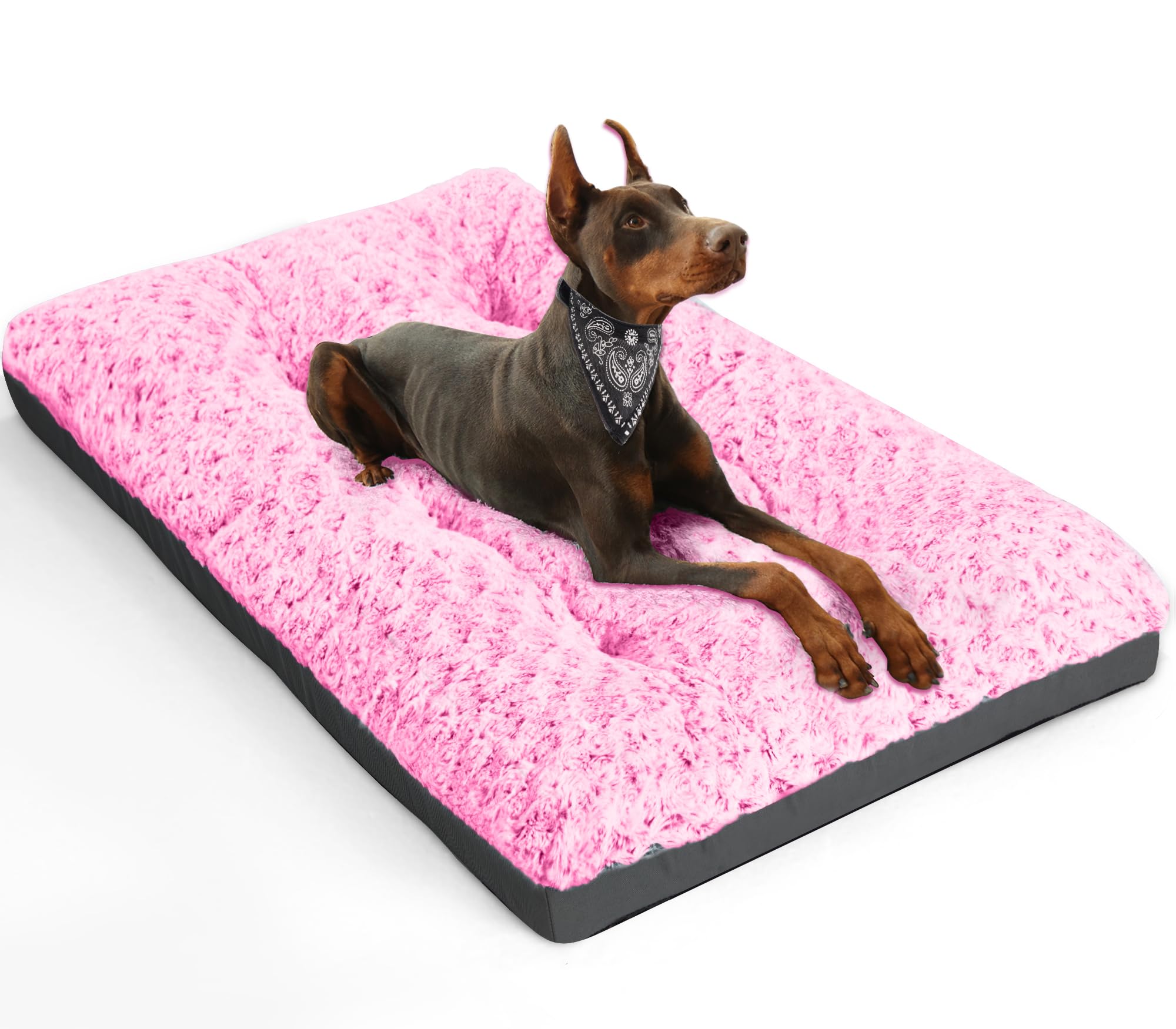 Deluxe Washable Dog Bed for Large Dogs Dog Crate Mat 36 Inch Comfy Fluffy Kennel Pad Anti-Slip for Dogs Up to 70 lbs, 36" x 23", Pink