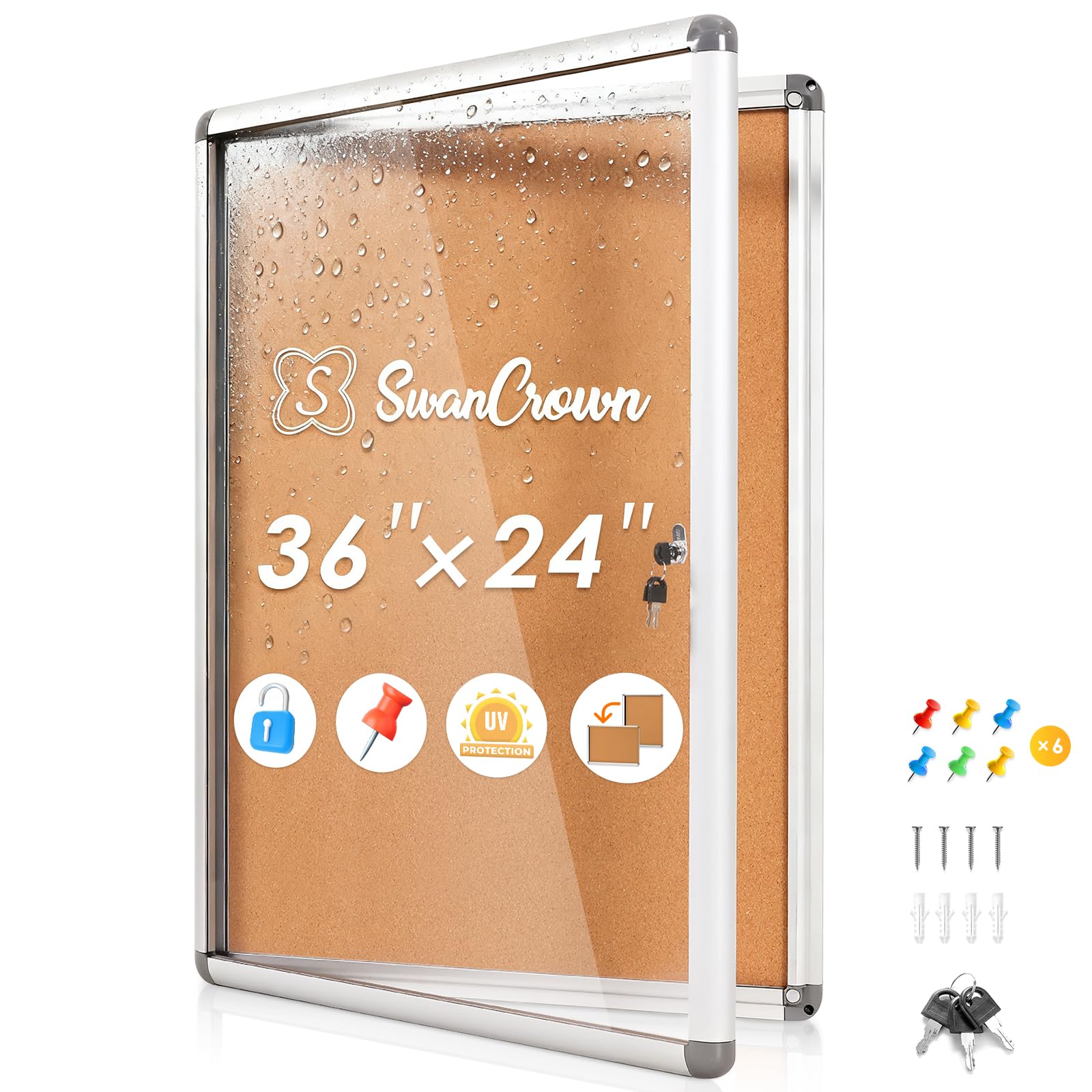 SWANCROWN Geschlossene Pinnwand, Kork, 91,4 x 61 cm, abschließbar, manipulationssicher, Wandvitrine für Büro, Schule, Handel, Gemeinschaft, Aluminiumrahmen