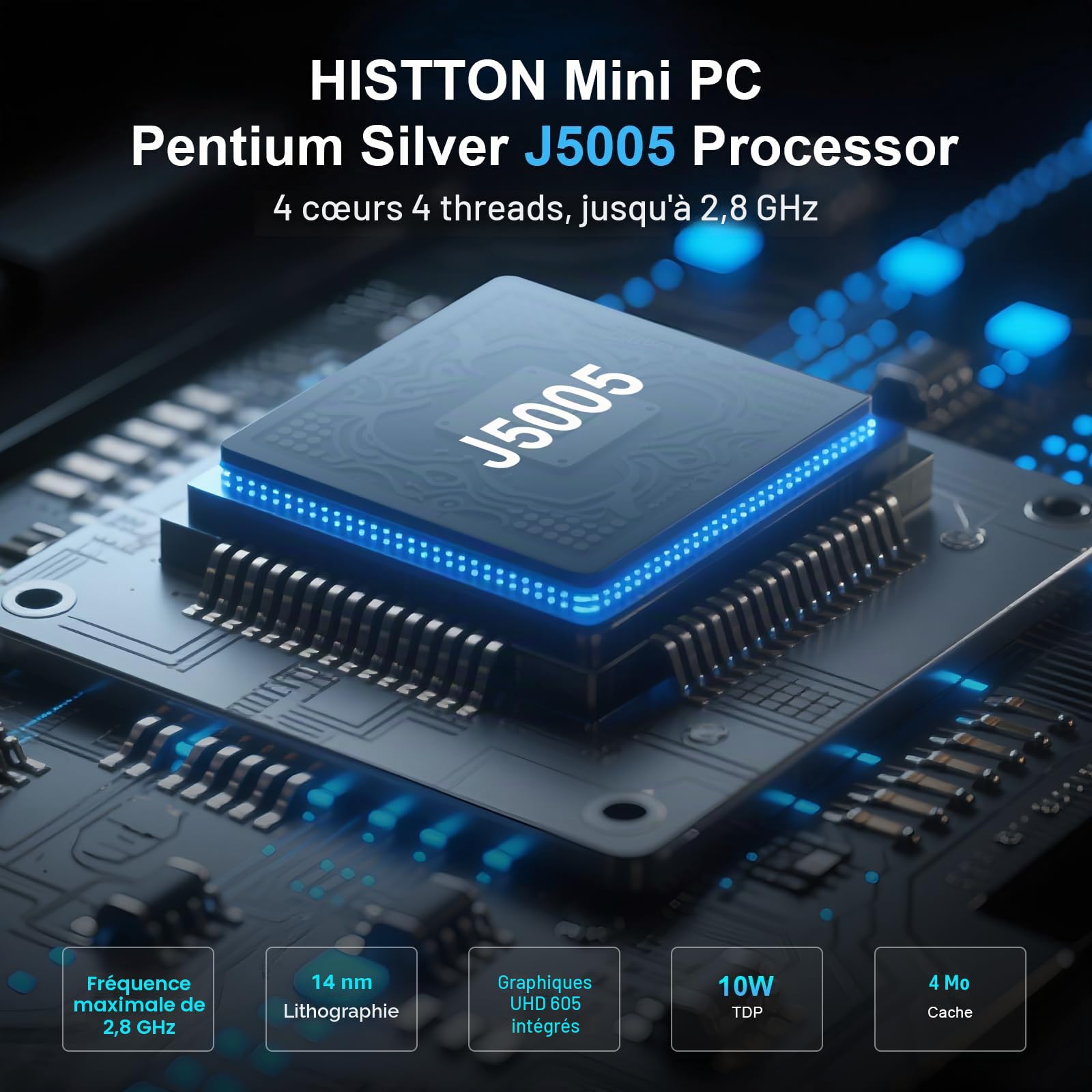 HISTTON Mini PC sans Ventilateur PC J5005, 8 Go DDR4 RAM 128 Go SSD