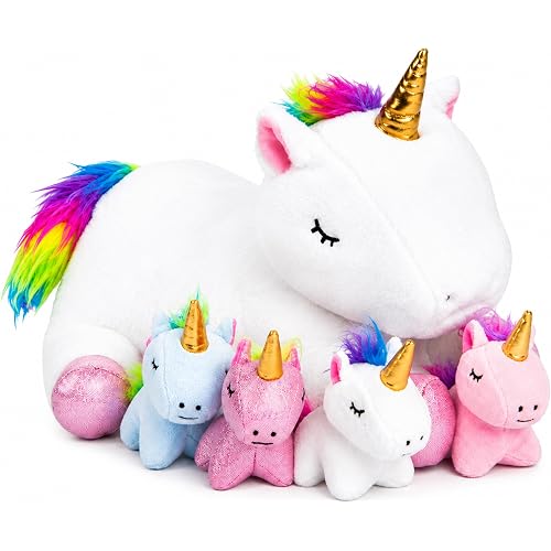 PixieCrush Unicorn Stuffed Animals for Girls, Set of 5 - Mommy with Babies - Magical Giant Stuffed Animal - Enchanting Unicorn with Babies Set - Plush Animals for Kids