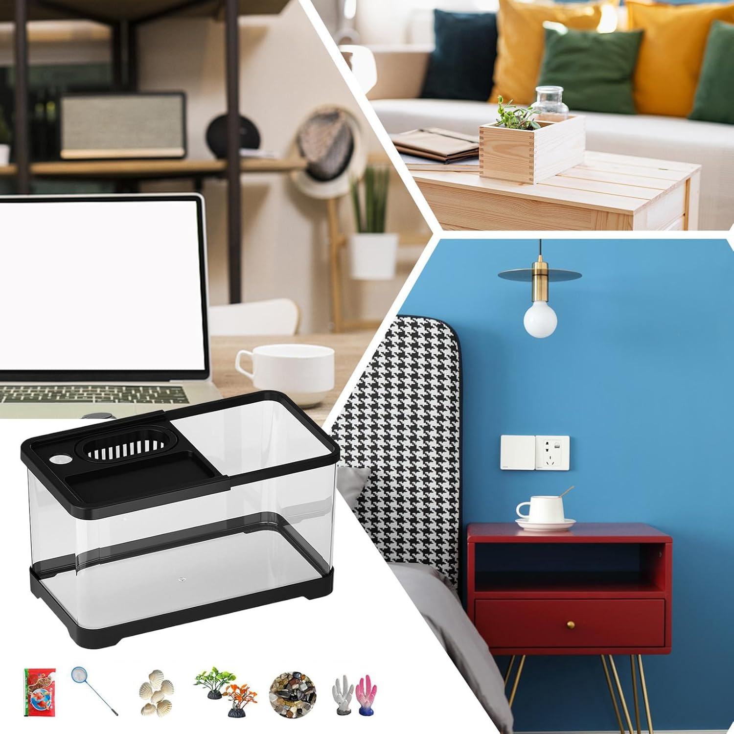 Small Led Aquarium Set, Fish Tank Kit with Tank, Desktop Aquarium with Lid, Plant Culture Dish Fish Scoop Fishes Food Water Plants, Enhancing Visual Appeal of Your Desktop Den