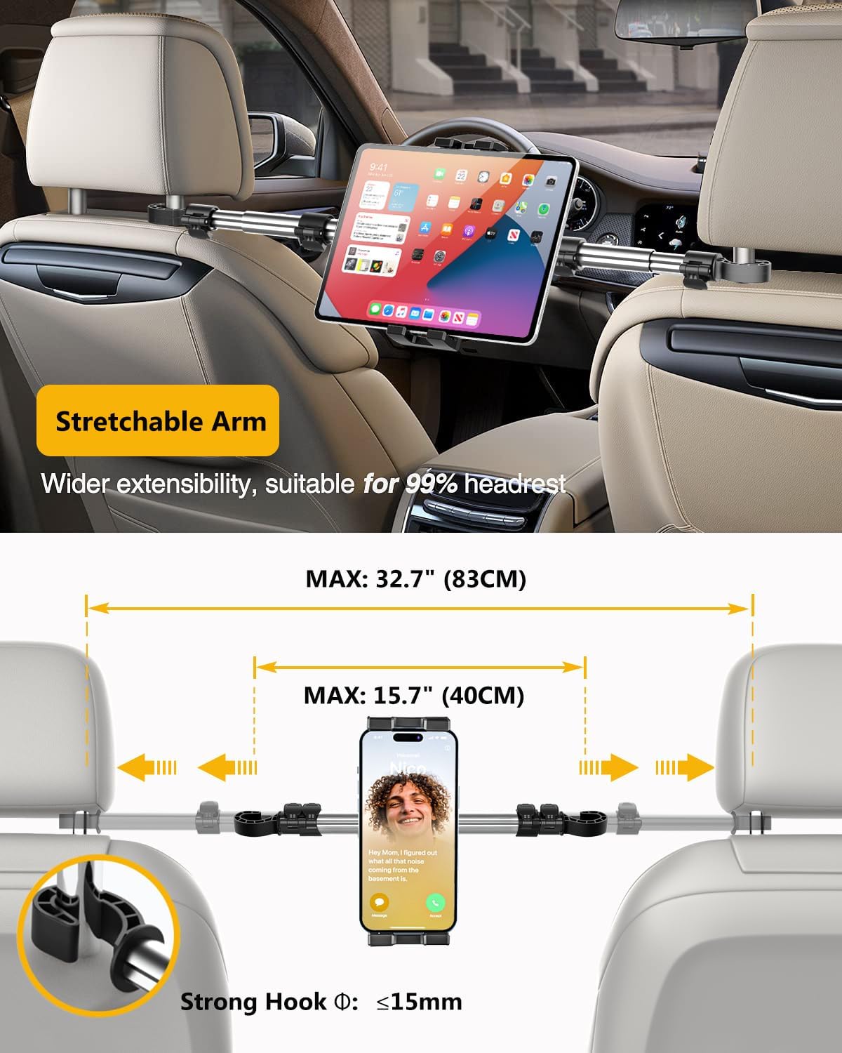 Car Headrest Tablet Mount, Car Backseat iPad Holder for Kids [Adjustable 360° Rotation] Between Seats Tablet Stand for 4-12.9" Devices, iPad Pro Air Mini, Galaxy Tabs, Fire, iPhone Series