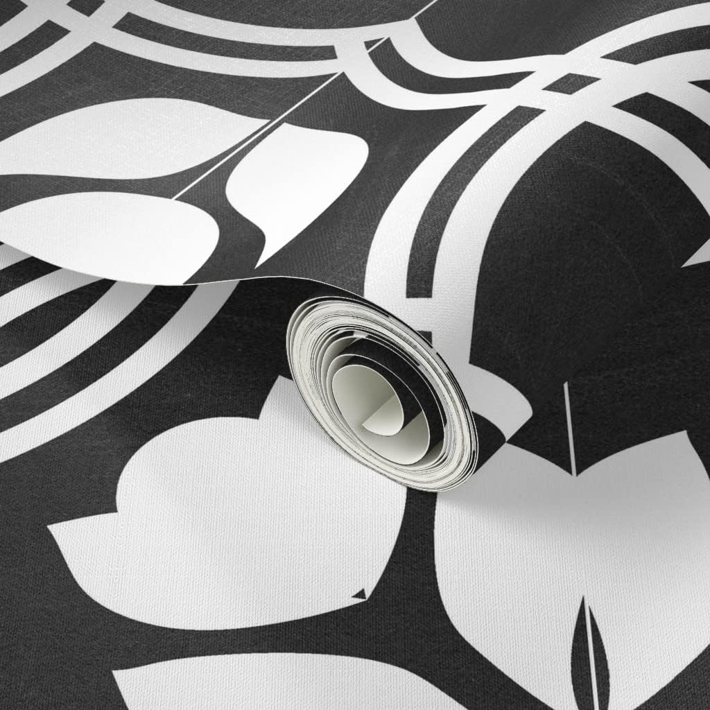 Peel & Stick Wallpaper 3ft x 2ft - Modern Farmhouse Tile Traditional Spanish Tiles Black White Floral Florals Geo Custom Removable Wallpaper by Spoonflower