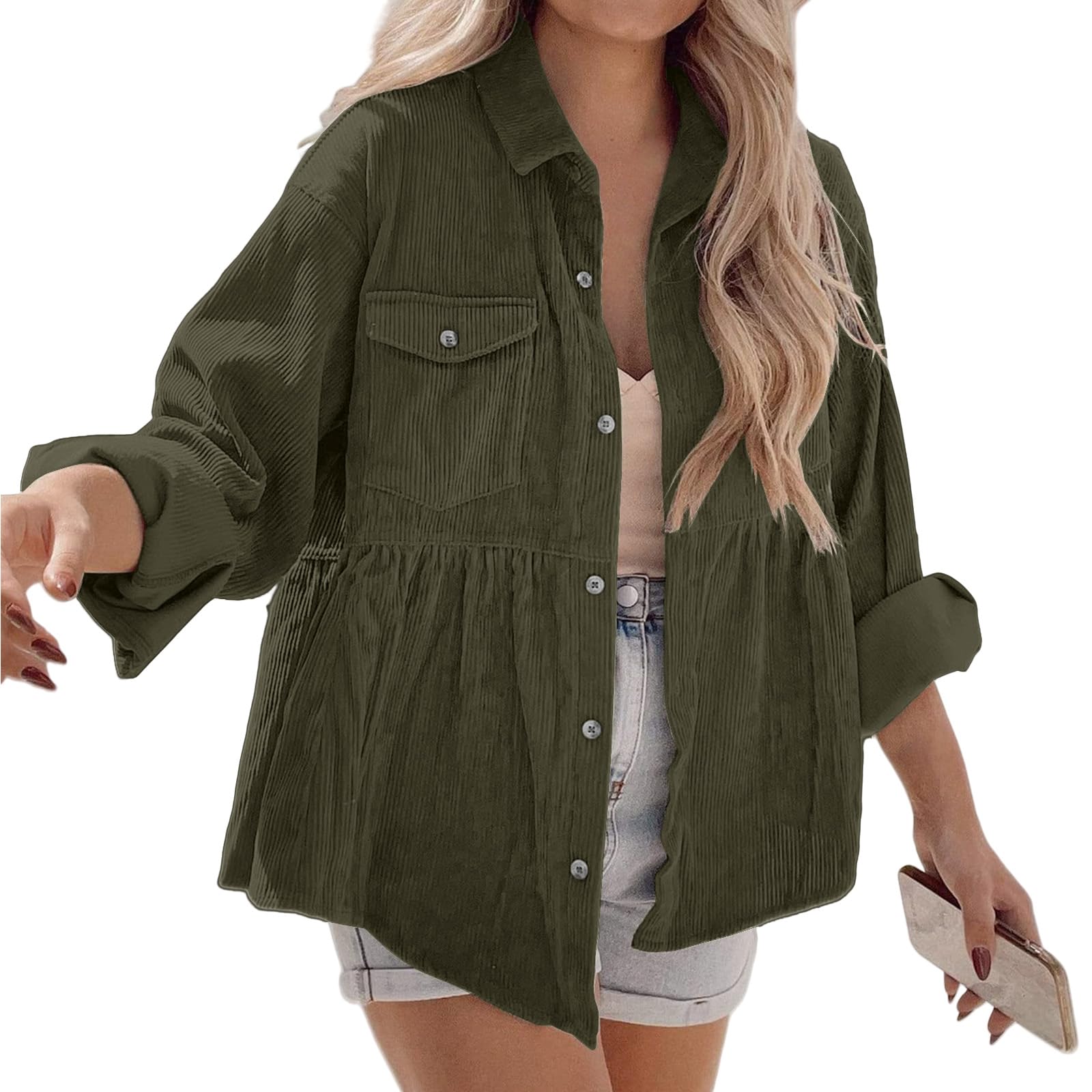 Womens Corduroy Peplum Shirts Tops Cute Long Sleeve Casual Button Down Blouses Tunic Babydoll Dress Loose Pocket