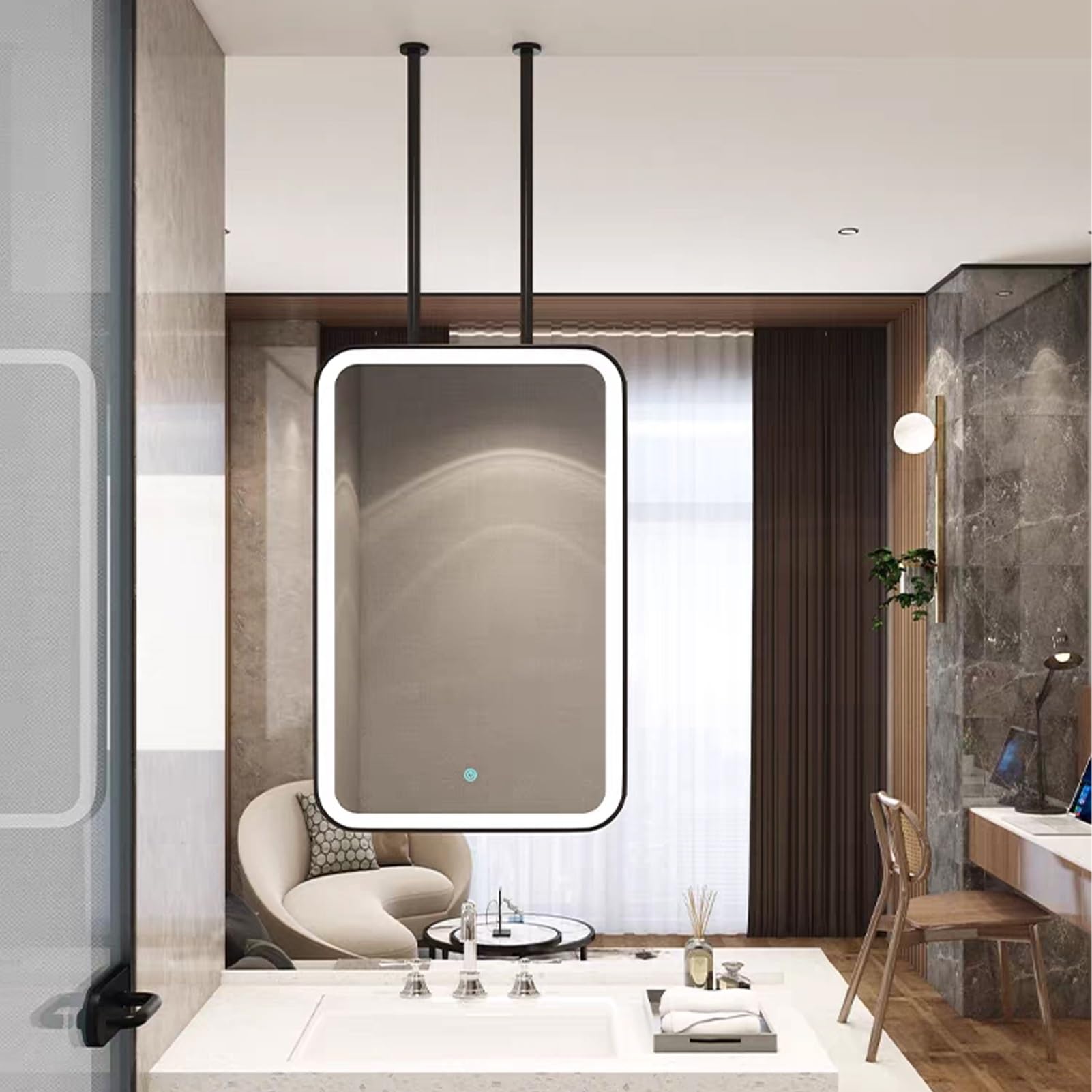 FGXHHS Metal Framed Rectangular Mirror，Black Ceiling Hanging Decor Mirror LED Bathroom For Over Sink，Wall Mounted Illuminated Vanity Shaving Makeup Mirrors，Customizable(40cmx70cm)