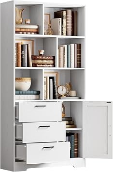 IRONCK Bookshelf, 70.9 Inch Tall Bookcase, White Book Shelf with Doors and 3 Drawers, 3-Tier Bookshelves with 6 Open Cubes for Home Office, Living Room, Study