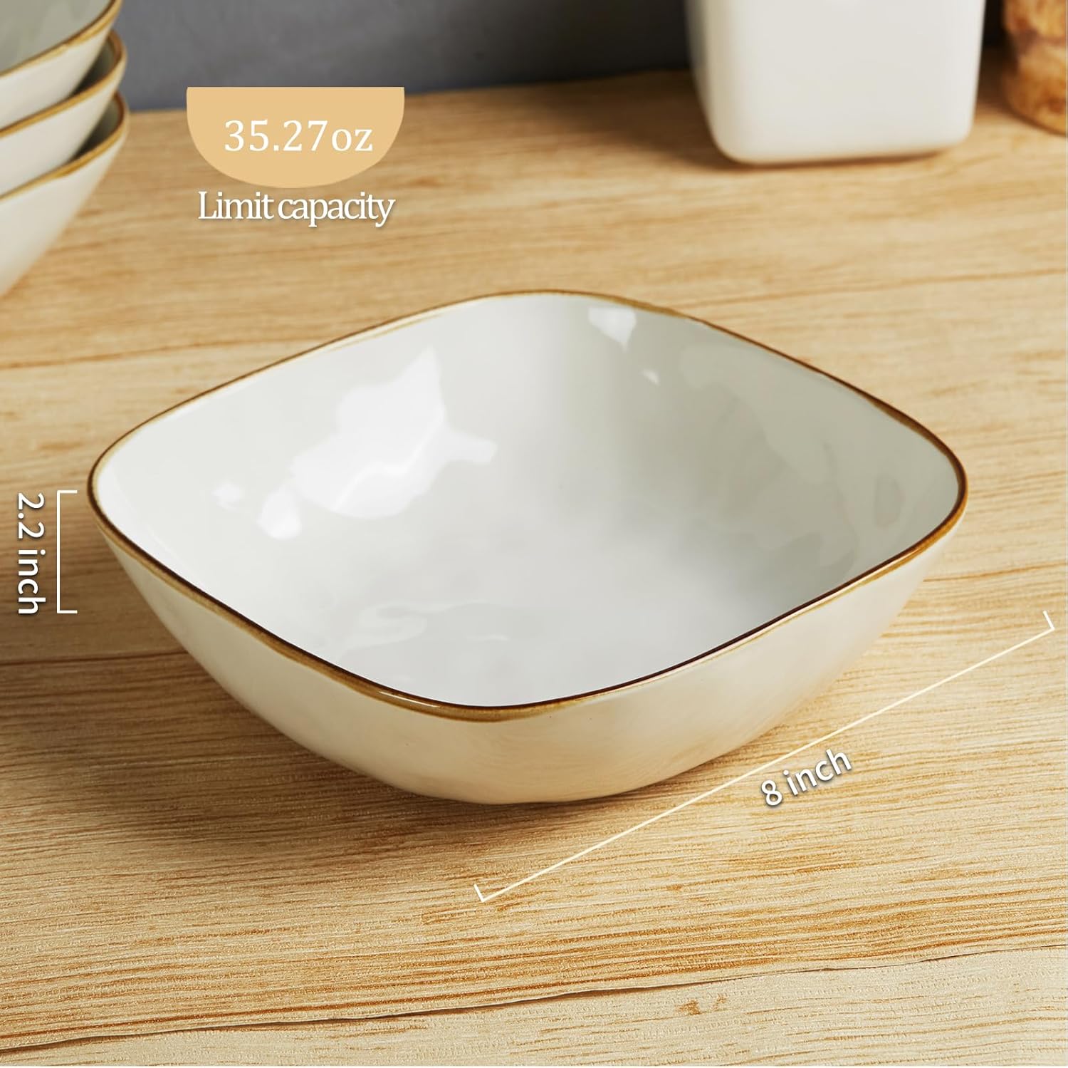 famiware Large Pasta Bowls Set of 4, Ocean Square 8" Bowls, Pasta Serving Bowl Large Dinner Bowls, Kitchen Bowl Set, Microwave and Dishwasher Safe, Scratch Resistant, Vanilla White