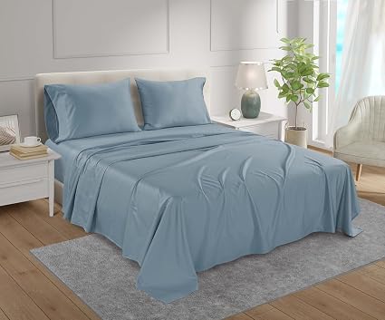 100% Organic Cotton Sheets King Size, 300 Thread Count 4 Piece Breathable Bed Sheet Set, 15" Deep Pocket King Sheets Cotton, Solid Sateen Weave Luxury Hotel Collection, No Pill & Shrink- Light Blue
