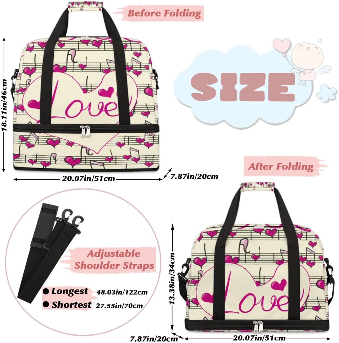 QsirBC Music Note Funny Pattern Gym Bag for Women Duffle Tote with Shoes Compartment Men Weekender Duffel for Dance Travel Sports Swimming Overnight