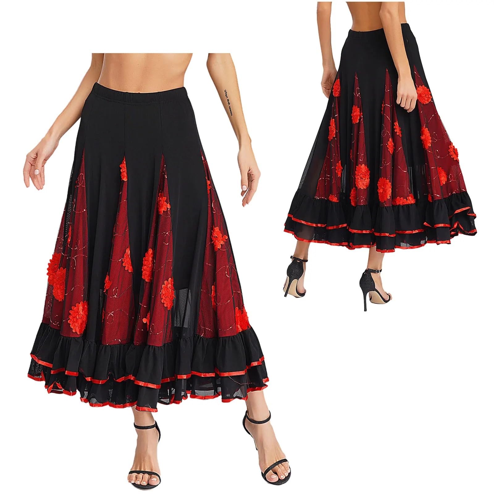 Falda Flamenca Mujer Faldas largas con Volantes y Lentejuelas for Mujer, for Baile Flamenco, español, clásico, vals, salón, Faldas Dobladillo Flores