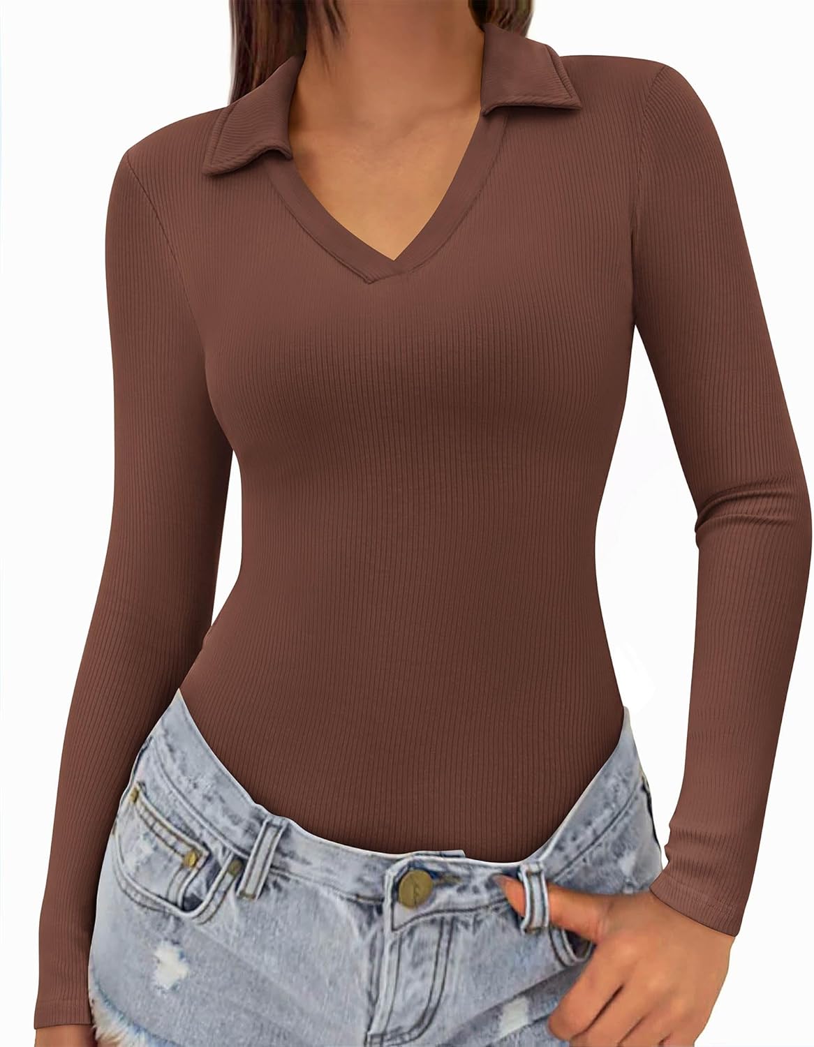 KIRUNDO Polo Shirts for Women Long Sleeve Business Casual Tops 2026 Spring Fall Ribbed Knit Collared V Neck Slim Work Blouses - Image 3