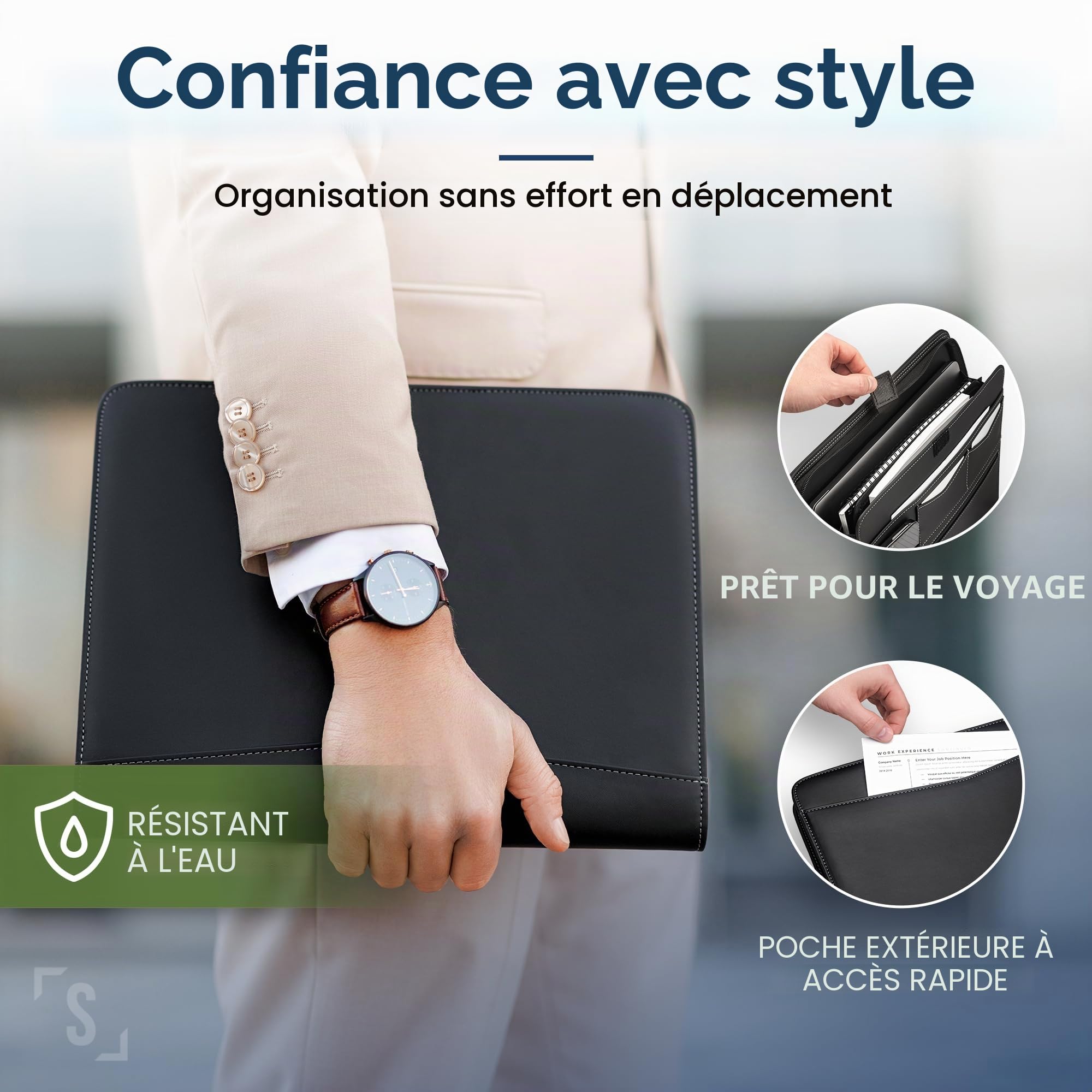 STYLIO Conférencier à fermeture éclair Format A4 Porte-documents pour iPad/tablette (jusqu'à 11") Téléphone et cartes de visite Étui en cuir vegan avec bloc-notes