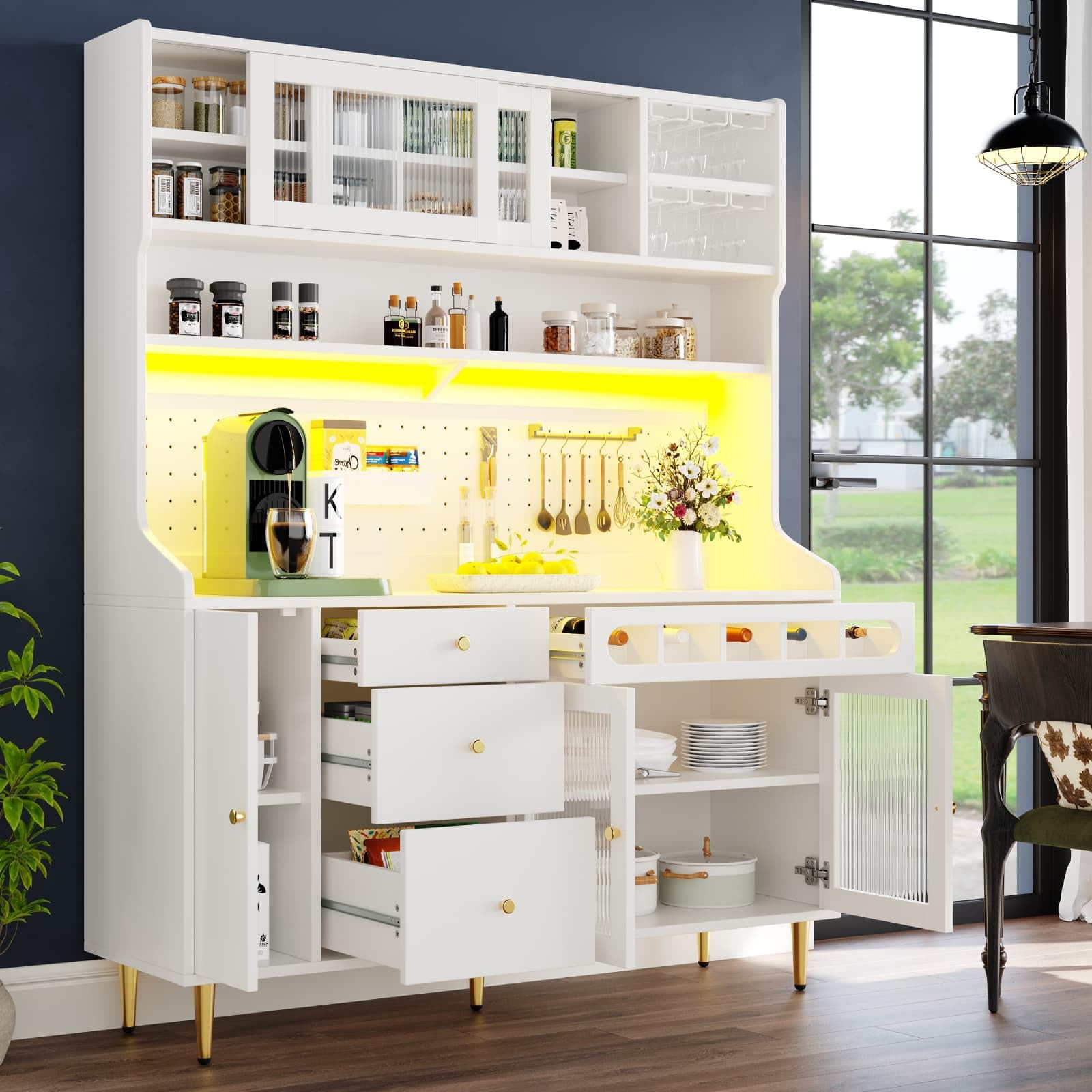 Buffet Salle a Manger,Buffet Haut de Cuisine,Armoire de Salon Moderne,Meuble de Rangemen avec étagères réglables et éclairage LED,Tiroir avec casier à Bouteilles,145x39x171cm (Blanc-A)