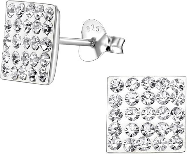 8MM Bling MENS Square Micro Pave Austrian Crystal Sterling Silver Stud Earrings  White/Clear - Beckham Style