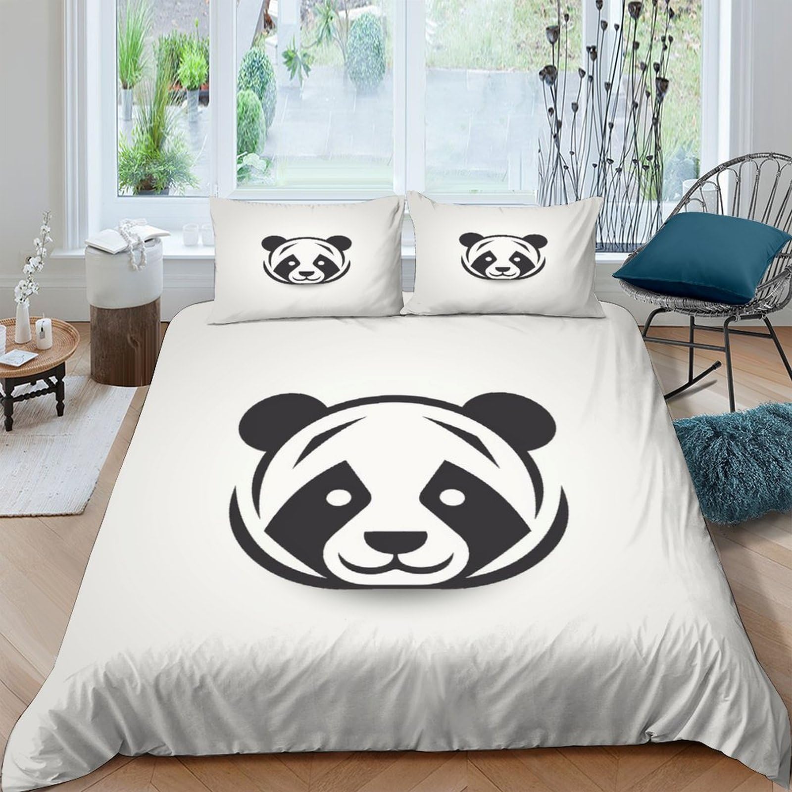 Housse de couette 200x200 panda noir et blanc avec taies d'oreiller zippées en microfibre