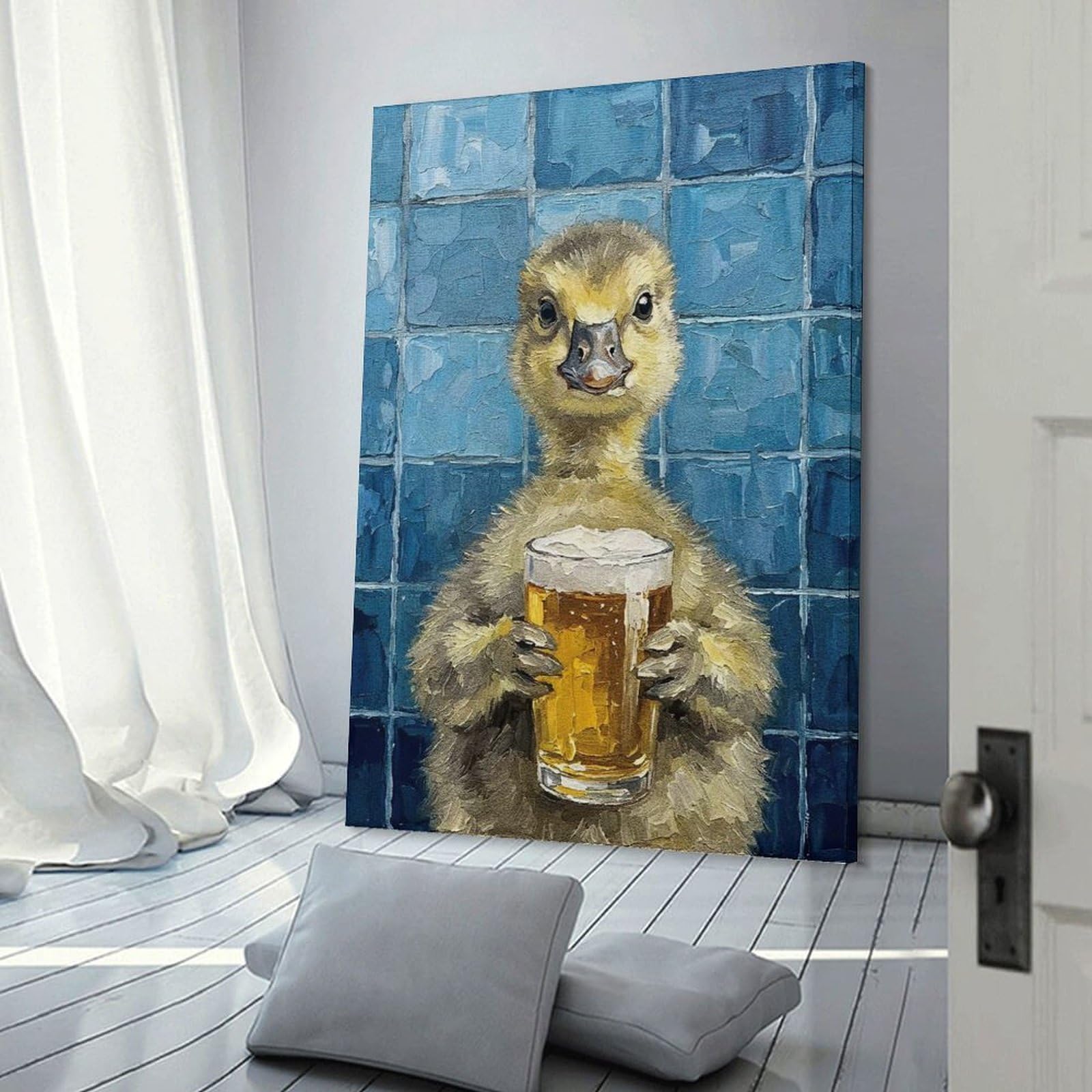 Junmoney Frame-Style-12 Canvas Wall Picture Duckling With Beer Painting, 08X12inch(20X30cm), For Bedroom, Lounge Or Dressing Area, Stylish Decor For A Restful Room Update