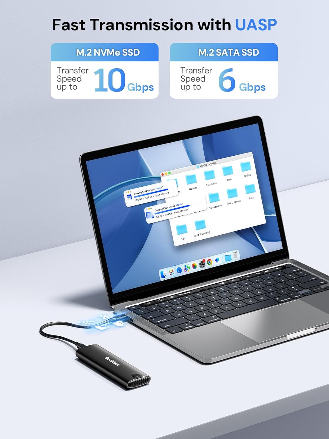Laptop screen showing a file transfer progress bar, indicating fast data transmission speeds of up to 10Gbps for M.2 NVMe SSD and 6Gbps for M.2 SATA SSD.