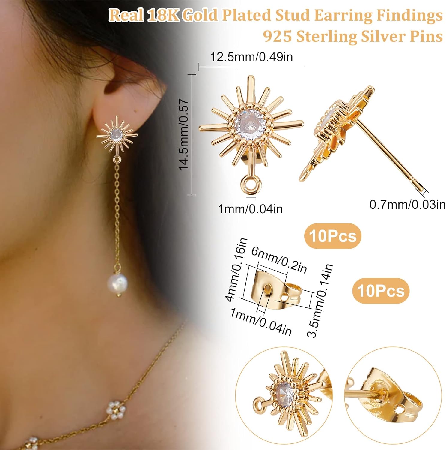 Beebeecraft 10Pcs/Box 18K Gold Plated Sun Earring Findings Cubic Zirconia Earring Posts with Sterling Silver Pins and Butterfly Earring Backs for DIY Jewelry Making - Image 2