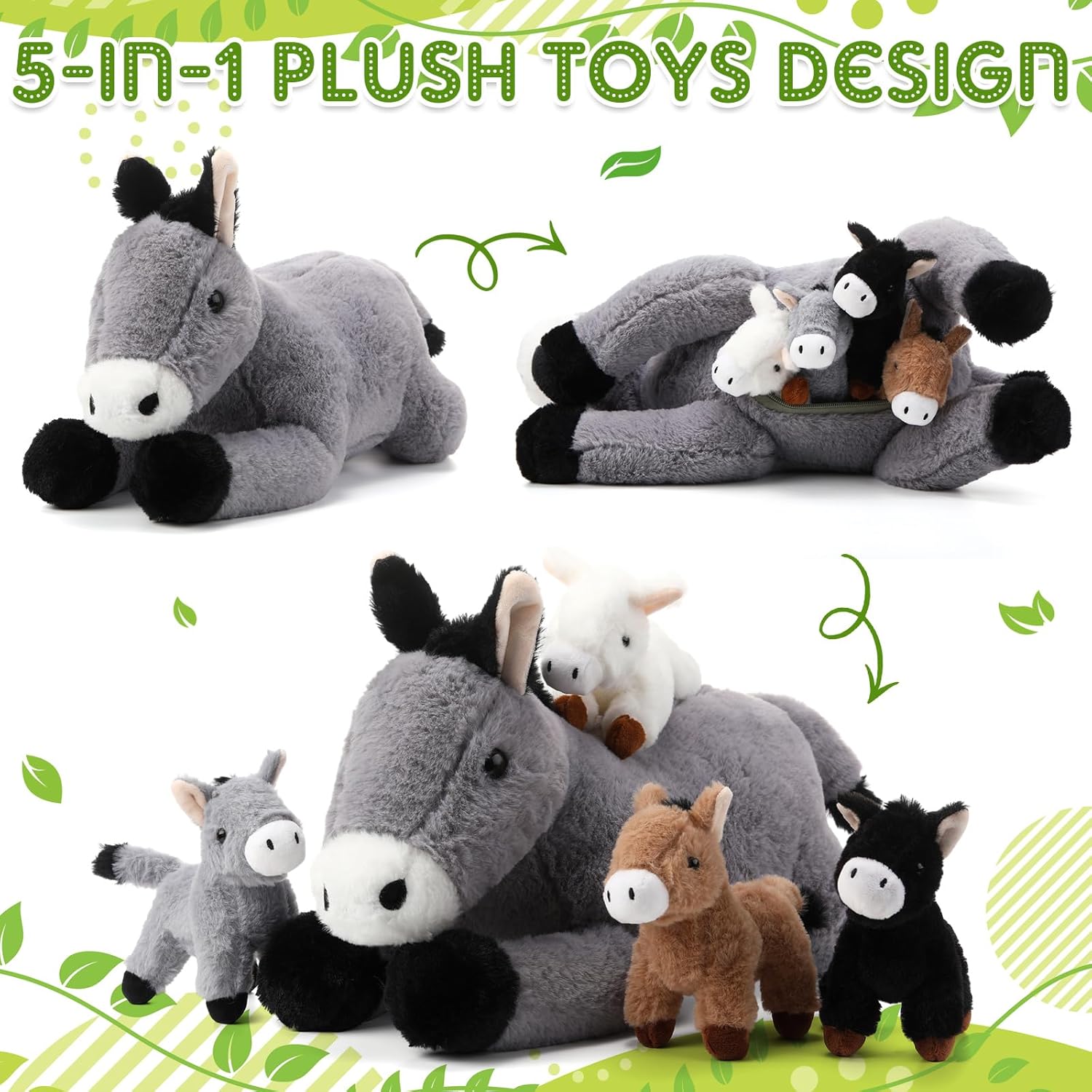 Arrowbash Donkey Stuffed Animals with 4 Babies 18 Inches Large Stuffed Mommy Donkey Plush Toy Soft Animal Plushies Toy Gift for Kids Boys Girls Birthday Family